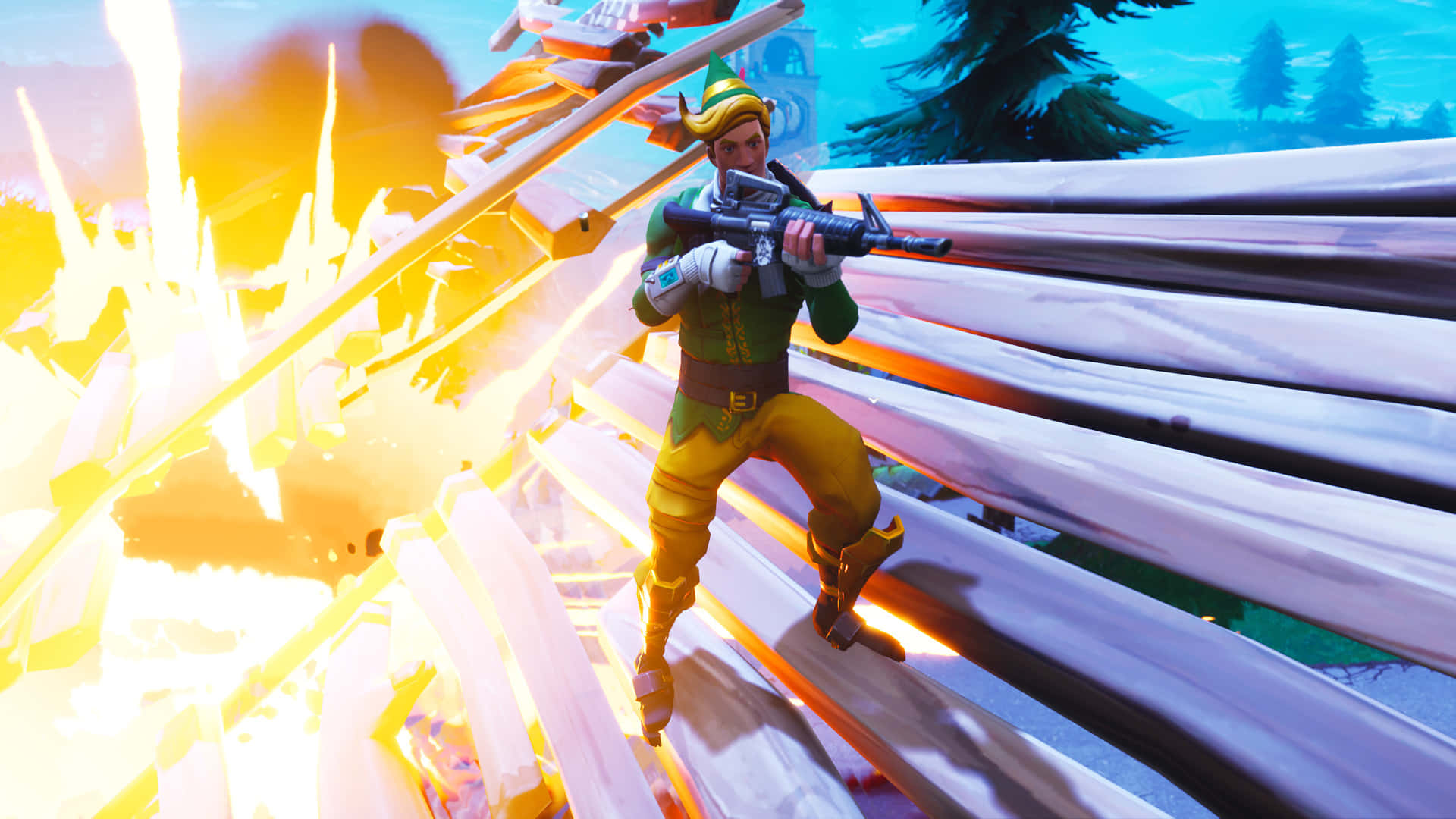 要塞英雄 大逃殺 桌布 壁紙 — 一個穿著綠色和金色裝備的 Fortnite 角色在雪坡上，於明亮的橙色爆炸中開火。