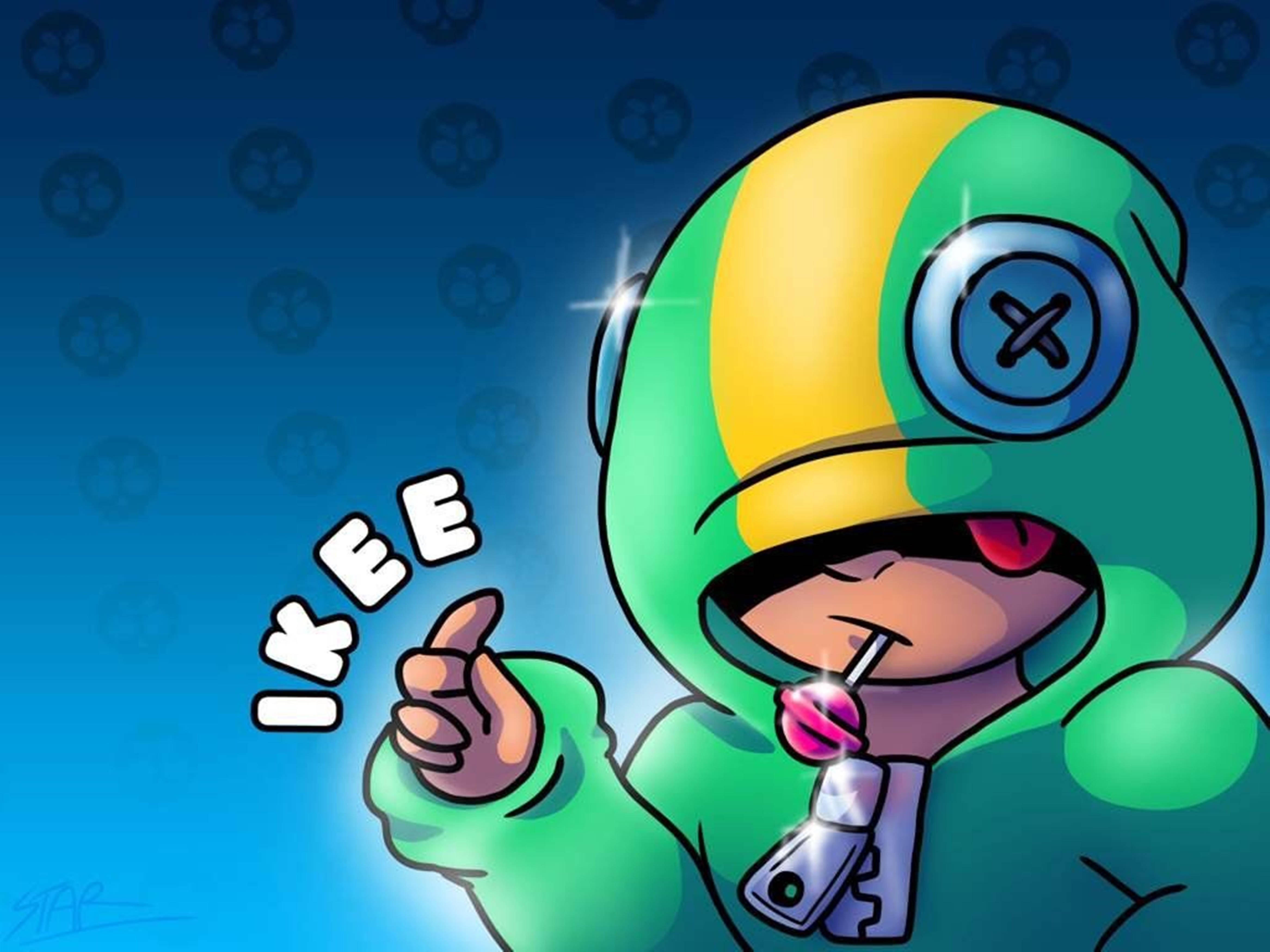 Brawl Stars 桌布 壁紙 — 一個穿著綠色和黃色連帽服裝的卡通角色在藍色骷髏圖案背景前舔著棒棒糖並豎起大拇指。