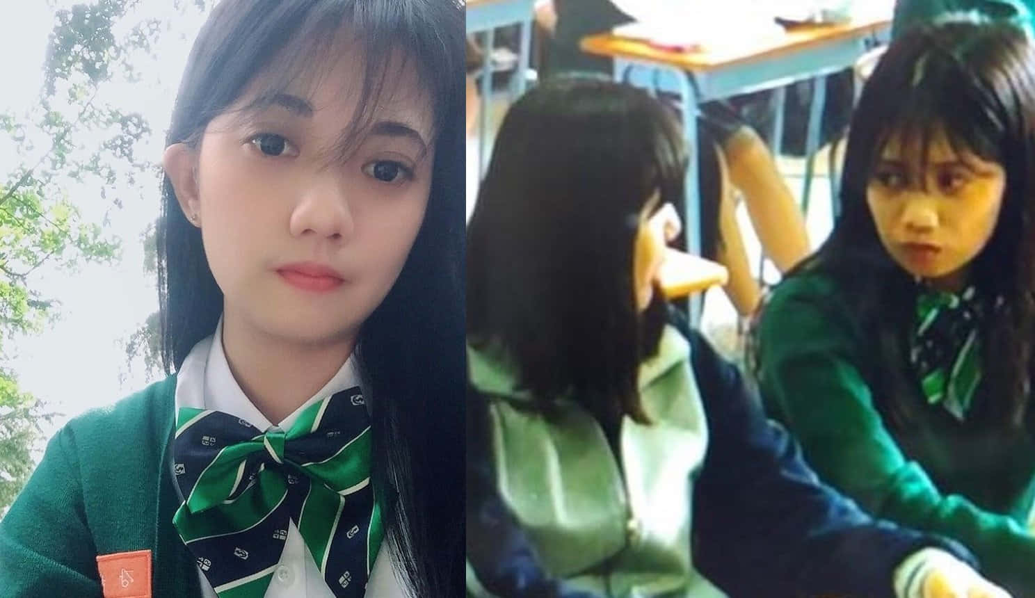All Of US Are Dead 桌布 壁紙 — 一個穿著綠色校服、戴著條紋蝴蝶結的年輕女孩直視鏡頭，而另一名學生則坐在課室附近。