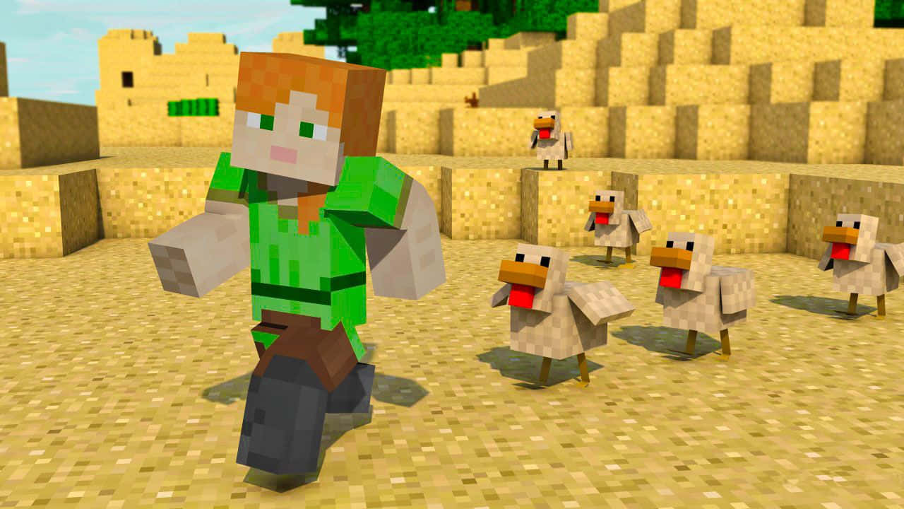 Minecraft Alex 桌布 壁紙 — 一個穿著綠色襯衫的Minecraft角色在砂岩懸崖的沙質沙漠生物群落中跑過像素化雞群。