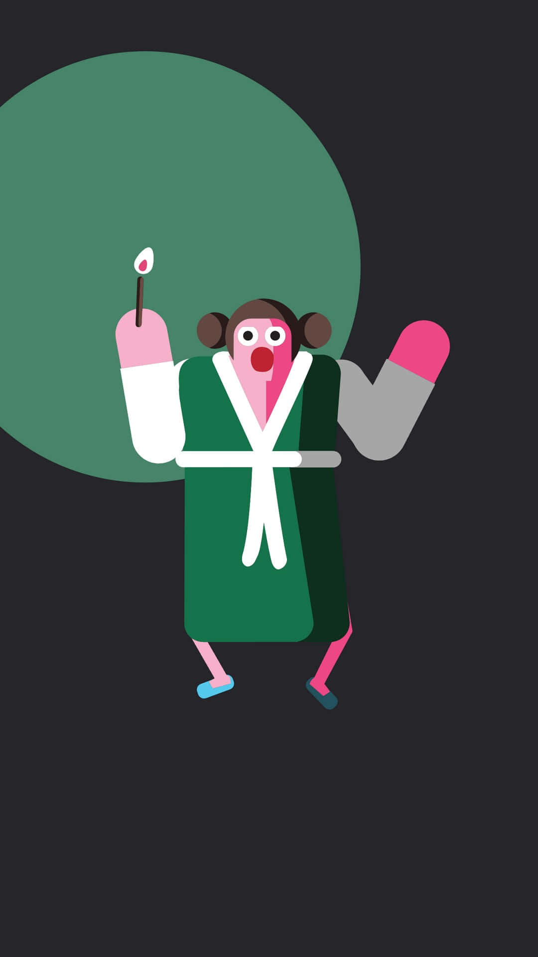 toca boca 桌布 壁紙 — 一個穿著綠色長袍的風格化卡通角色，在深色背景上拿著蠟燭和粉紅色藥丸。
