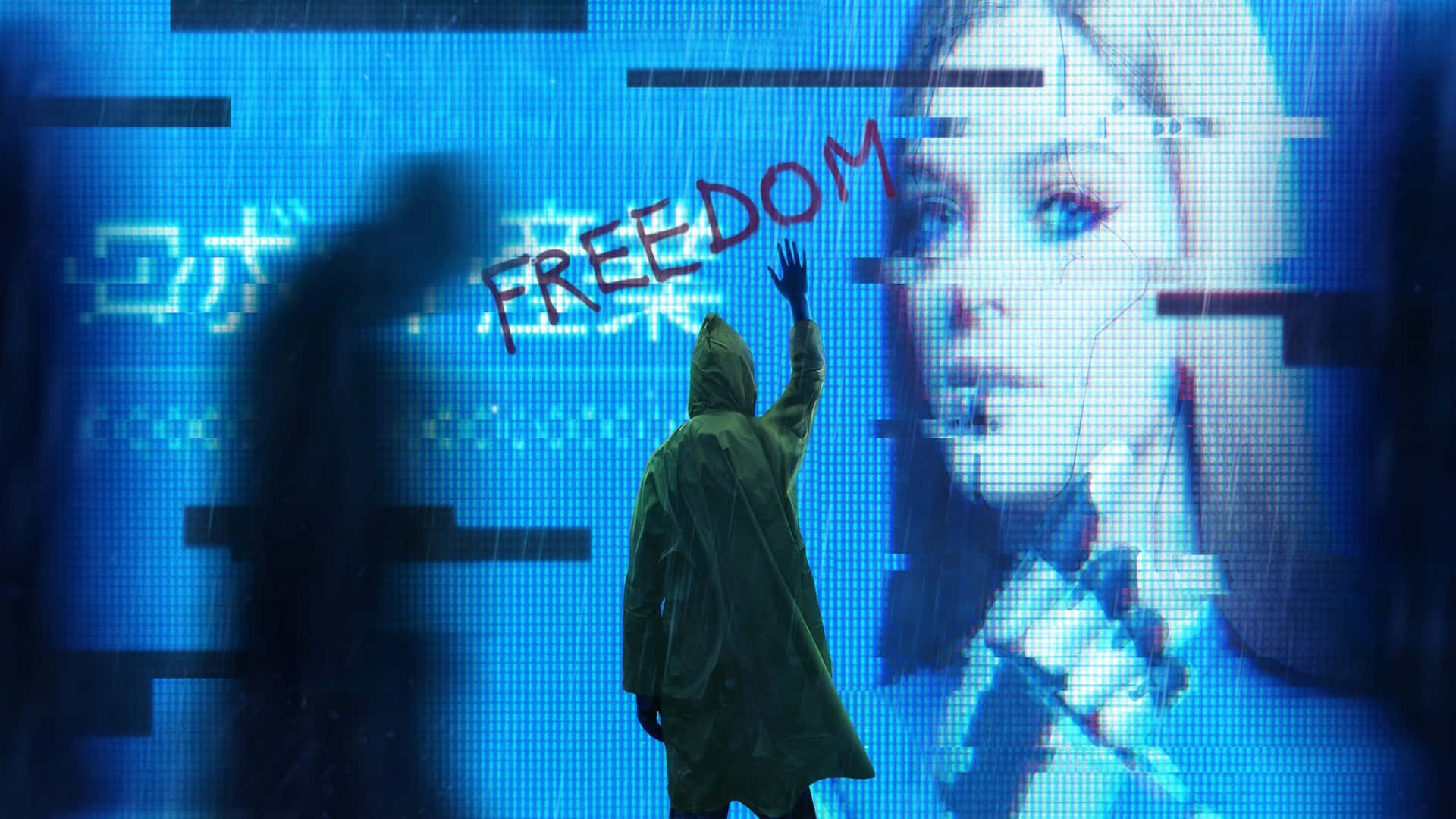 Freedom 桌布 壁紙 — 一個穿著綠色雨衣的戴帽人物伸手觸碰一個發光的藍色數碼屏幕，屏幕上顯示「自由」一詞和一個女人的臉。