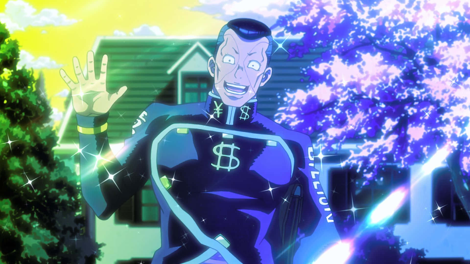 Okuyasu Nijimura 桌布 壁紙 — 一個穿著美元符號西裝的開朗動漫男子，在發光的紫色樹木和綠色房屋旁邊揮手。