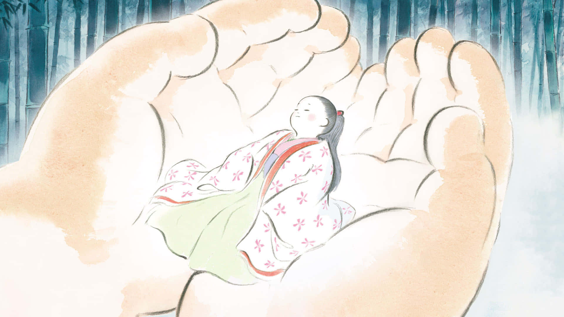 The Tale Of The Princess Kaguya 桌布 壁紙 — 一個穿著花卉和服的寧靜女孩，在霧氣瀰漫的竹林背景下，安詳地躺在巨大的捧手中休息。