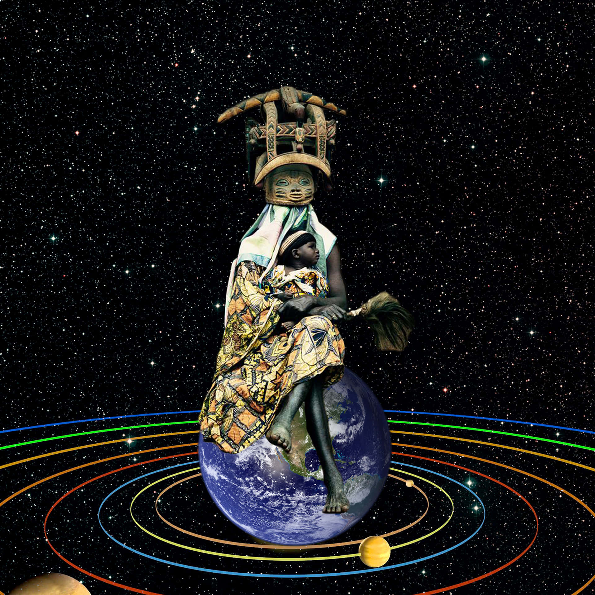 Afrofuturism 桌布 壁紙 — 一個穿著華麗傳統服飾的人物坐在地球上，周圍環繞著色彩繽紛的軌道路徑和星星。
