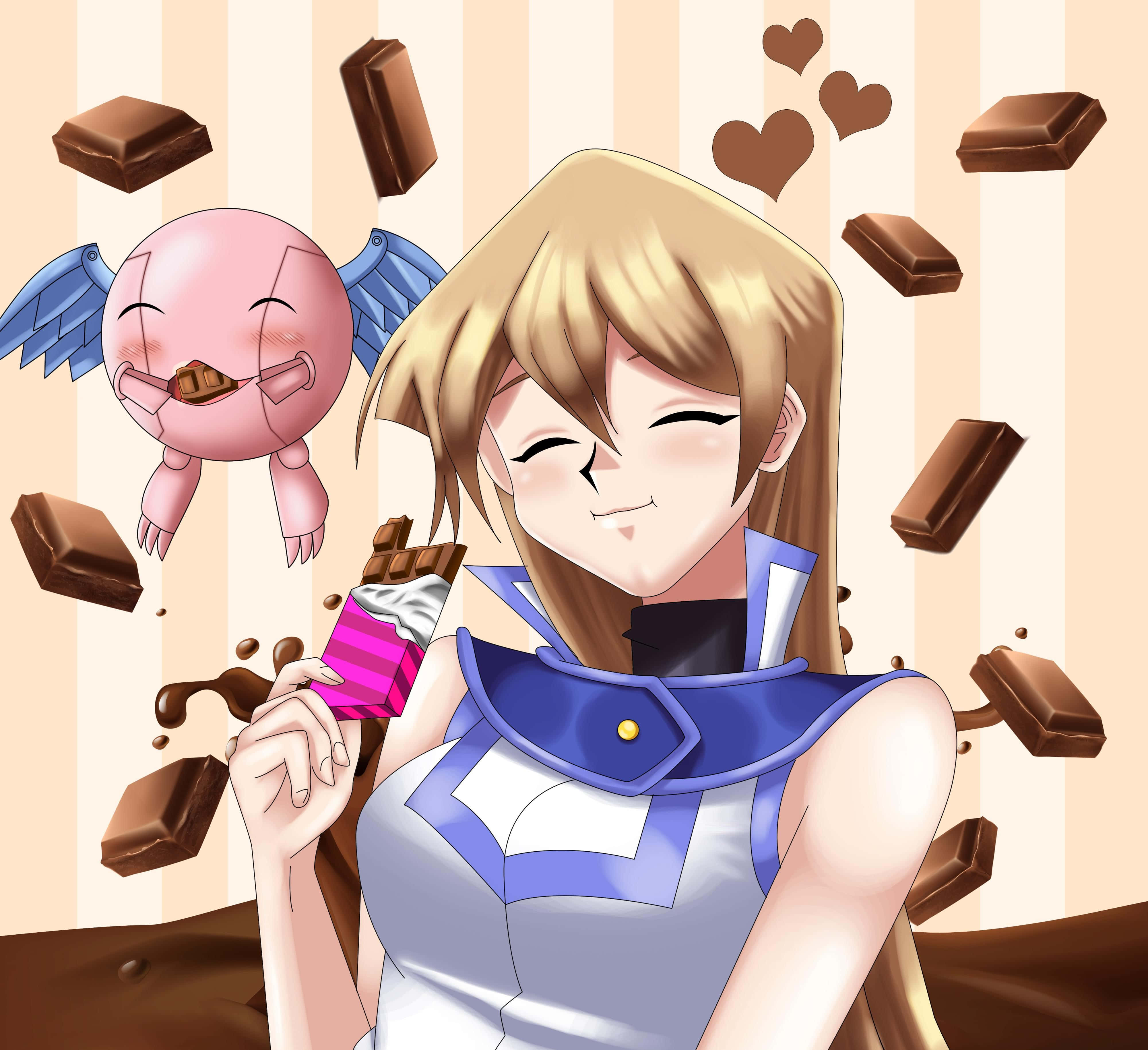 Alexis Rhodes 桌布 壁紙 — 一個穿著藍白服裝的開朗動漫女孩，開心地吃著朱古力，旁邊有一隻粉紅色有翼生物。