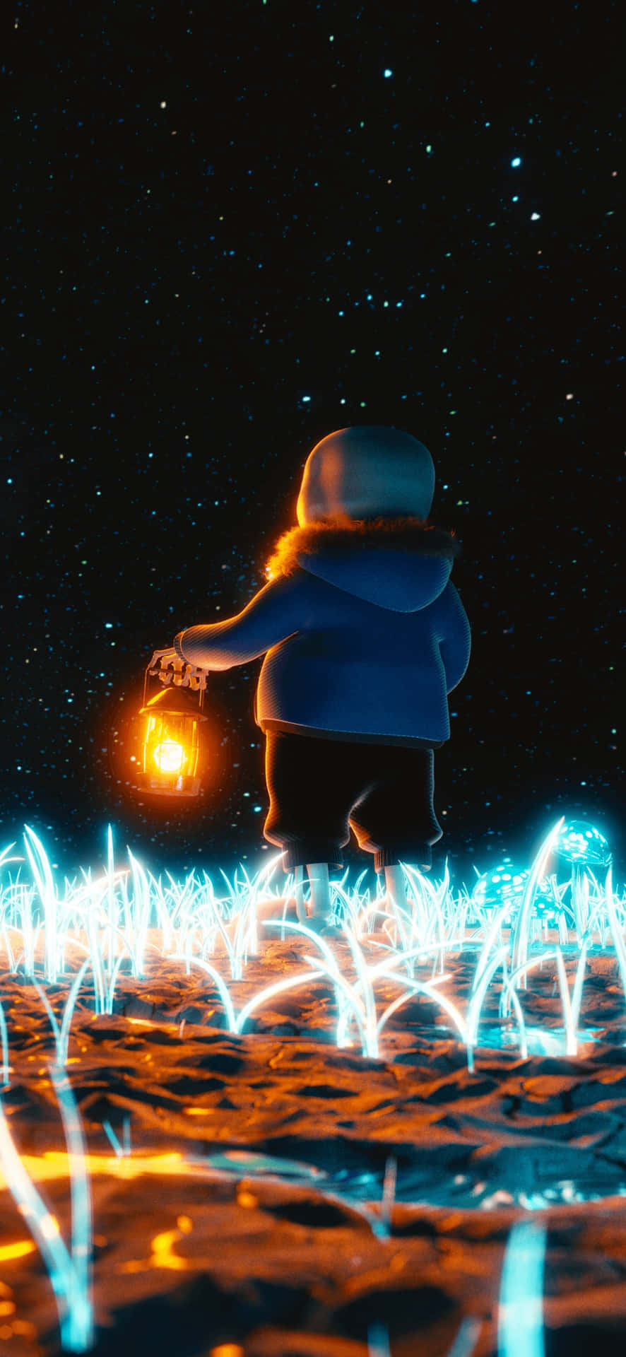Undertale Phone 桌布 壁紙 — 一個穿著藍色冬季外套的孩子在星光燦爛的夜空下，手持發光的燈籠，下方是發光的藍色草地。