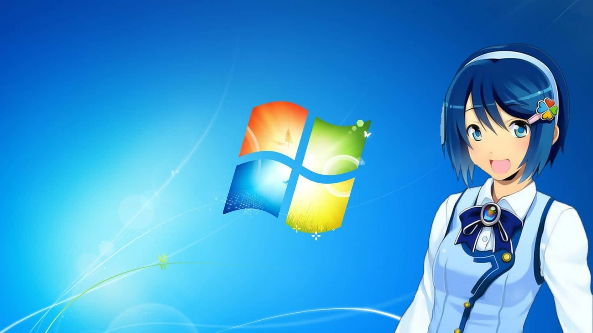 Anime Pc 桌布 壁紙 — 一個穿著藍色制服的可愛動漫女孩在明亮的藍色漸變背景上，伴隨著發光的漩渦，微笑地站在Windows標誌旁邊。