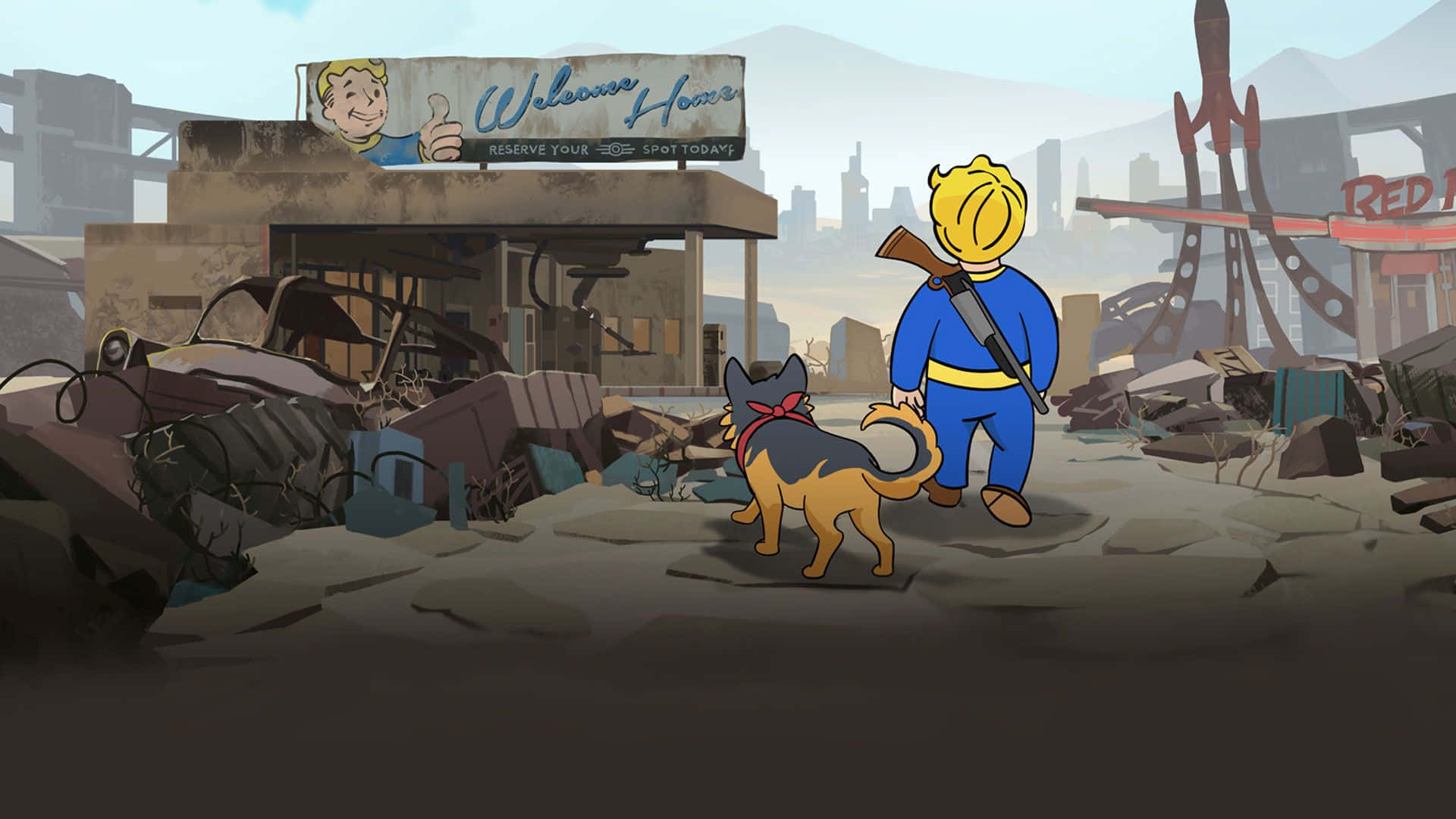 Fallout Shelter 桌布 壁紙 — 一個穿著藍色動力裝甲的小孩帶著狗穿過廢墟般的後末日荒原，上面有一個『歡迎回家』的標誌。