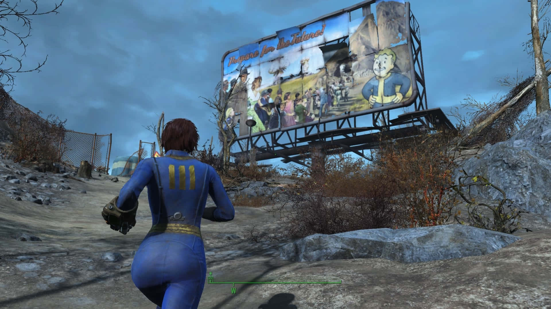 Fallout 4 Wasteland 桌布 壁紙 — 一個穿著藍色動力裝甲的角色跑過荒蕪的廢土，朝向一個在末日設定中宣傳Vault-Tec的巨大廣告牌。