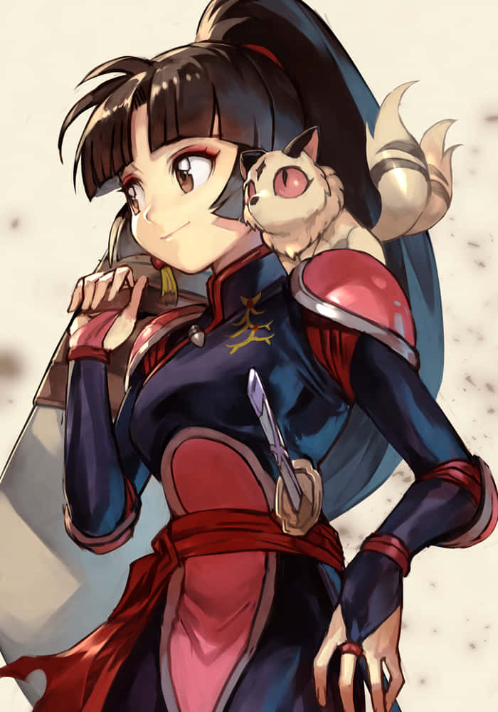 Inuyasha Nekomata 桌布 壁紙 — 一個穿著藍色和紅色盔甲、開心的動漫女孩微笑著，手持一把劍，肩上有一隻像狐狸的小生物。