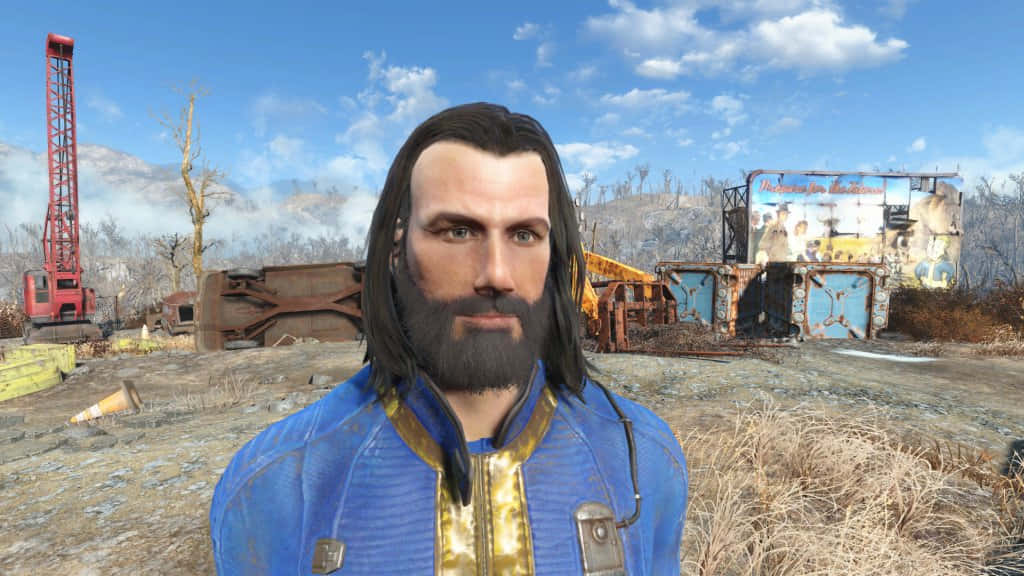 Fallout Characters 桌布 壁紙 — 一個穿著藍色和金色避難所居民連身衣的男人站在荒涼的廢土上，周圍有生鏽的機器和搖搖欲墜的廣告牌，頭頂是明亮的藍天。