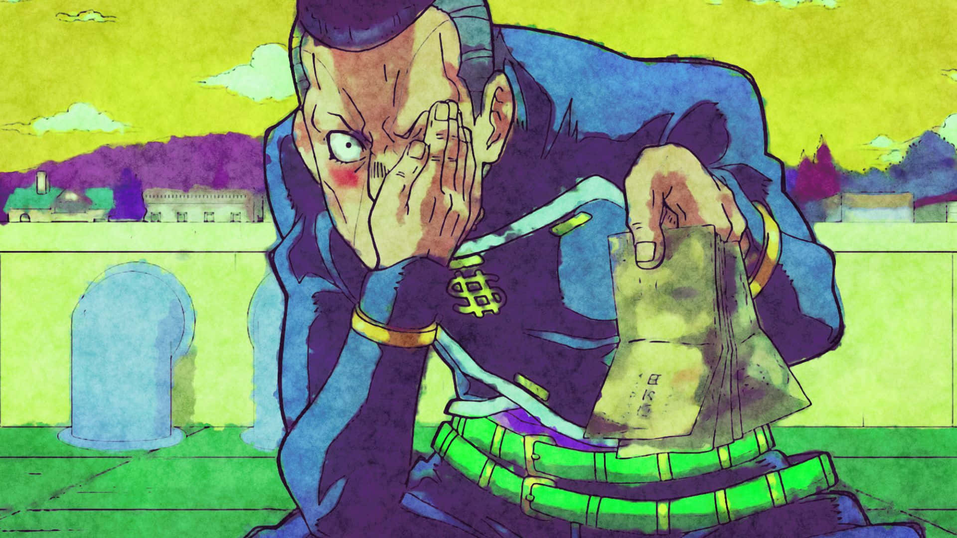 Okuyasu Nijimura 桌布 壁紙 — 一個穿著藍色外套和綠色腰帶的卡通男人，在超現實的黃色和紫色背景下，震驚地抓著臉，同時拿著一個錢袋。