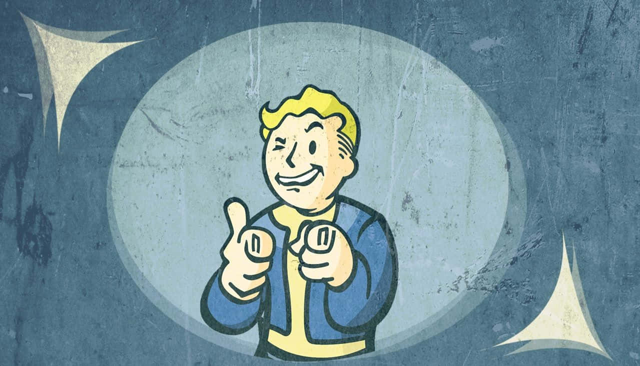 Fallout Shelter 桌布 壁紙 — 一個穿著藍色外套的開心跳跳小子卡通人物，在帶有發光白色形狀的破舊藍色背景上豎起兩個大拇指。