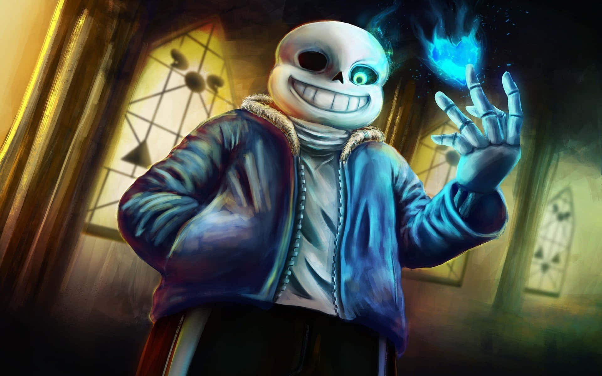 sans 桌布 壁紙 — 一個穿著藍色外套的開心骷髏角色，在昏暗的哥德式走廊中拿著一個發光的藍色球體。