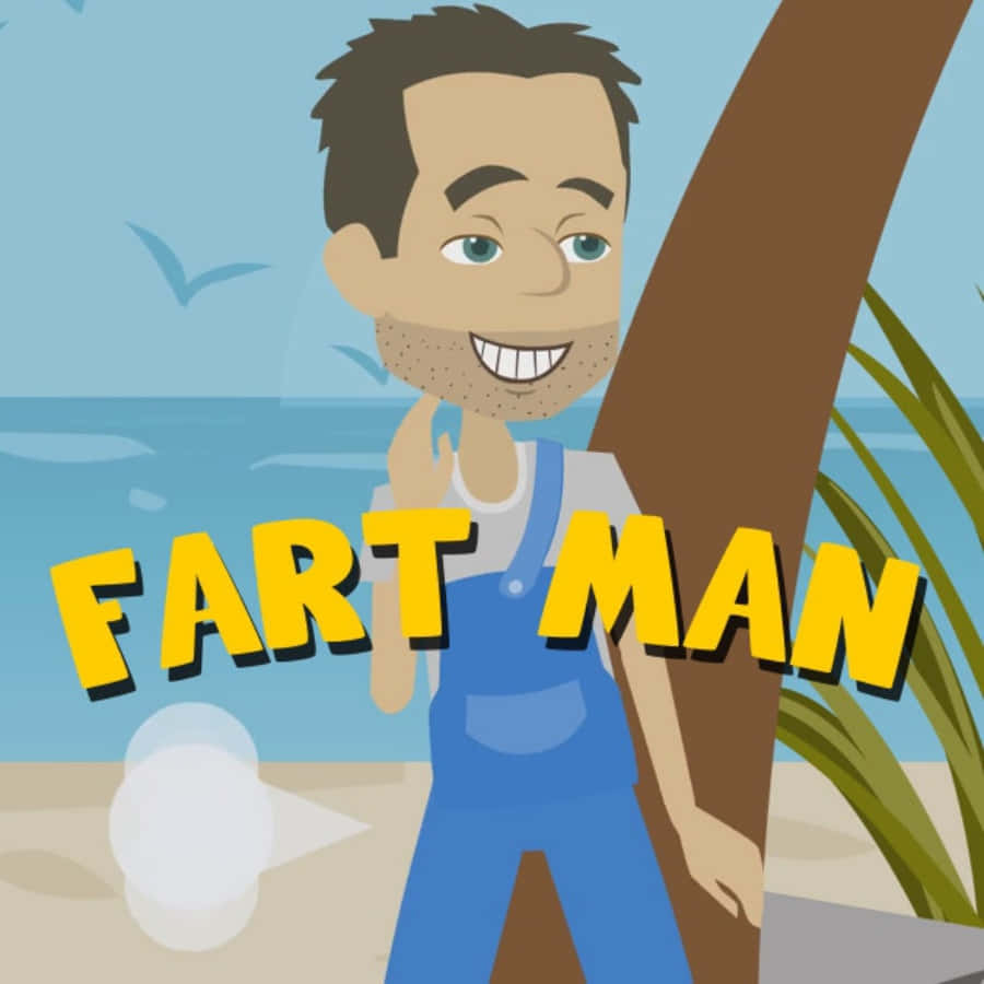 Fart 桌布 壁紙 — 一個穿著藍色工裝褲的開心卡通男人，在陽光明媚的海灘上躲在棕櫚樹後面大笑，頭頂有鳥兒飛過。