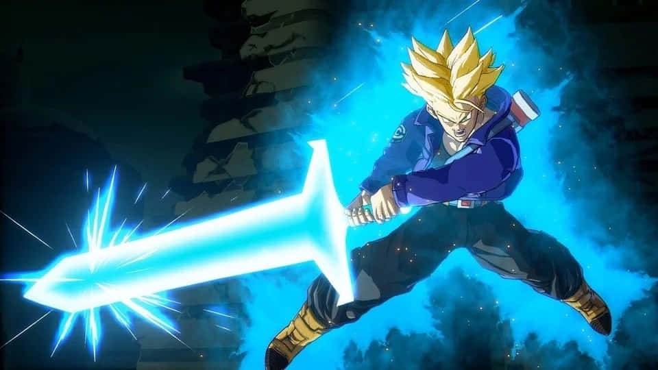 Goku's Spirit Bomb Sword 桌布 壁紙 — 一個穿著藍色盔甲、頭髮尖刺的動漫戰士，在黑暗的宇宙背景下揮舞著一把發光的藍色能量劍。