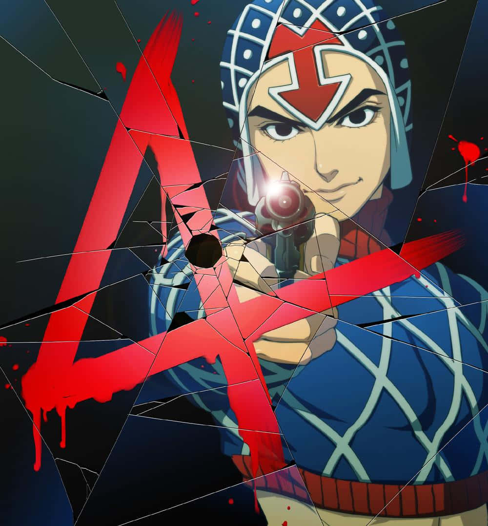 Guido Mista 桌布 壁紙 — 一個穿著藍色盔甲的動漫角色，透過破碎的玻璃瞄準手槍，帶有紅色飛濺和發光的槍管。