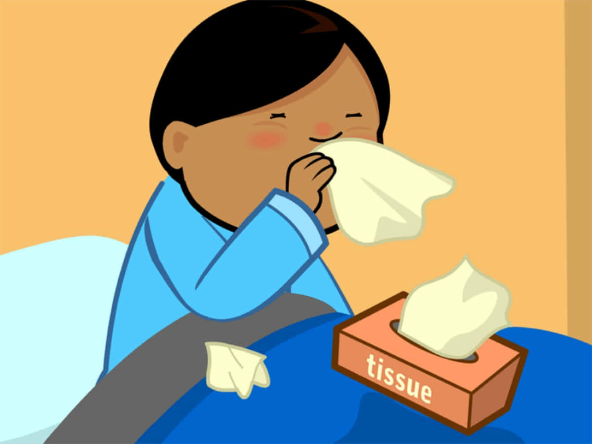 Clipart 桌布 壁紙 — 一個穿著藍色睡衣的卡通小孩，在紙巾盒旁邊蓋著毯子，對著紙巾打噴嚏。