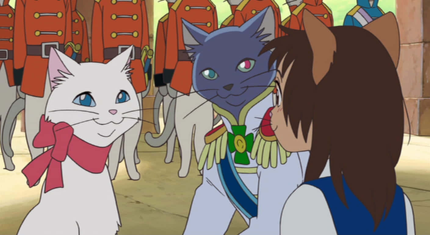 the cat returns 桌布 壁紙 — 一個穿著藍色背心的年輕女孩注視著兩隻擬人化的貓，一隻白色戴著粉紅色蝴蝶結，另一隻深藍色穿著軍裝，眼睛色彩繽紛。