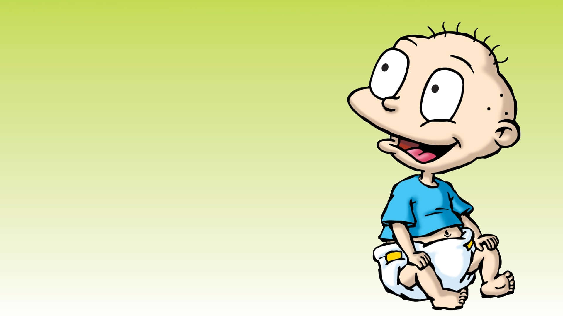 rugrats 桌布 壁紙 — 一個穿著藍色衫和尿布的開心卡通BB坐在柔和的綠色漸變背景前。