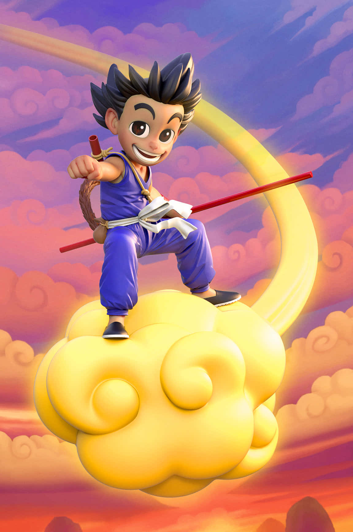 Nimbus 桌布 壁紙 — 一個穿著藍色褲子的開朗動畫男孩，騎著明亮的黃色雲朵，背景是充滿活力的日落天空，雲朵旋轉。