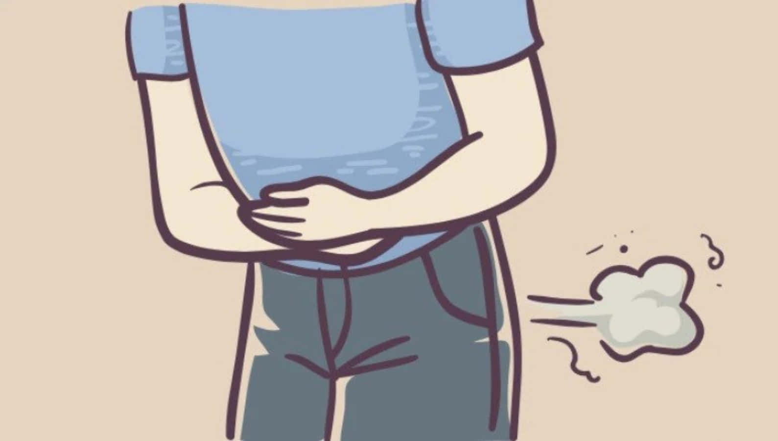 Fart 桌布 壁紙 — 一個穿著藍色襯衫和褲子的卡通人物，在放屁時用手按住肚子，伴隨著一團氣體。