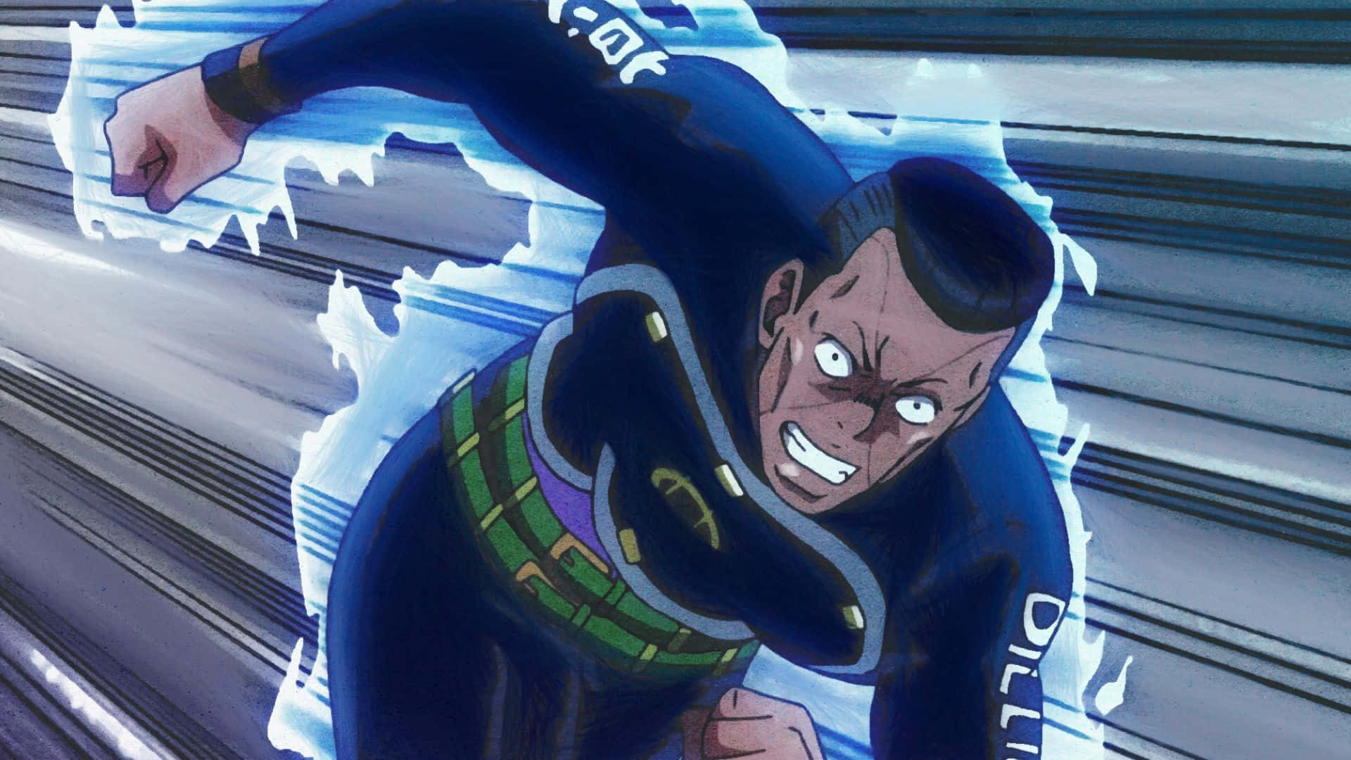 Okuyasu Nijimura 桌布 壁紙 — 一個穿著藍色西裝的動漫角色，帶著強烈的表情和冰冷能量效果向前衝刺。