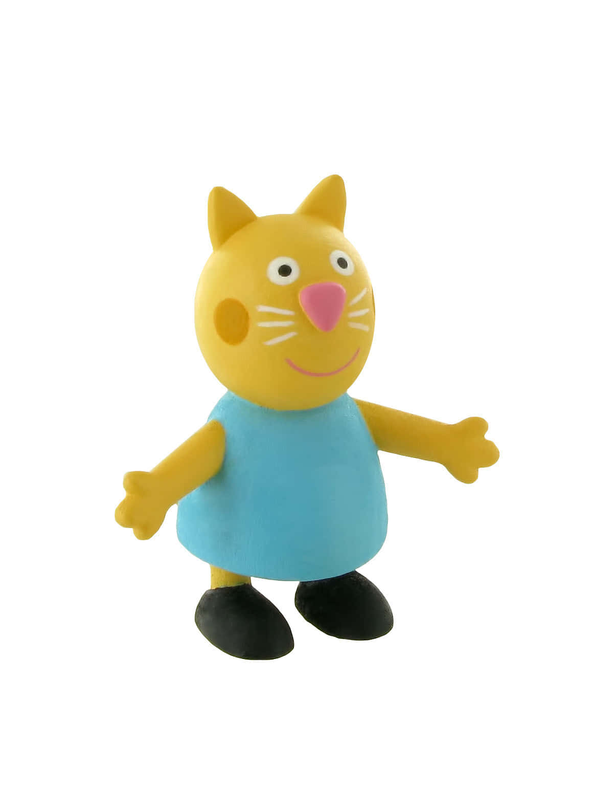 Candy Cat 桌布 壁紙 — 一個穿著藍色連衣裙和黑色鞋子、開心地張開雙臂的黃色貓咪公仔，站在純白色背景前。