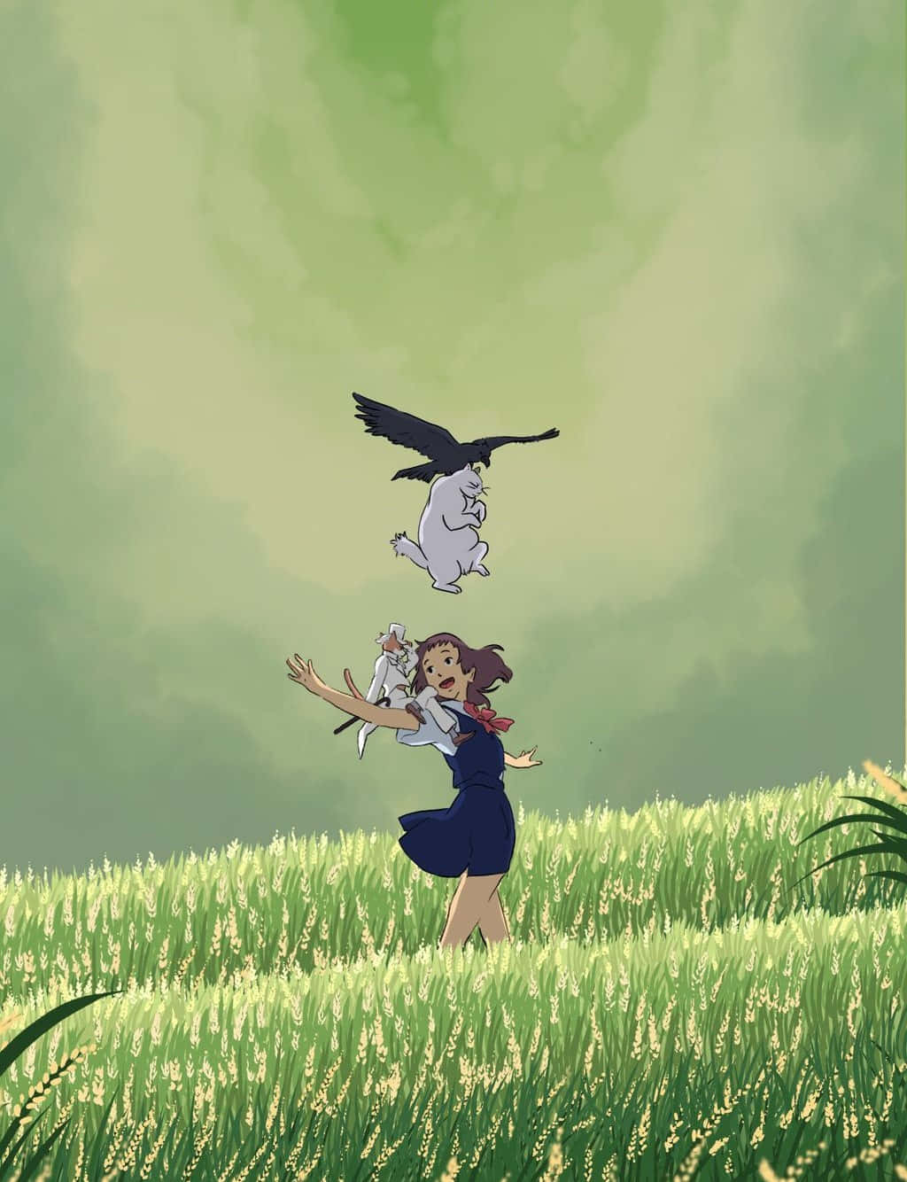 the cat returns 桌布 壁紙 — 一個穿著藍色連衣裙的小女孩在陽光照耀的麥田裏快樂地伸手，一隻白色生物和一隻黑鳥在她上方翱翔。
