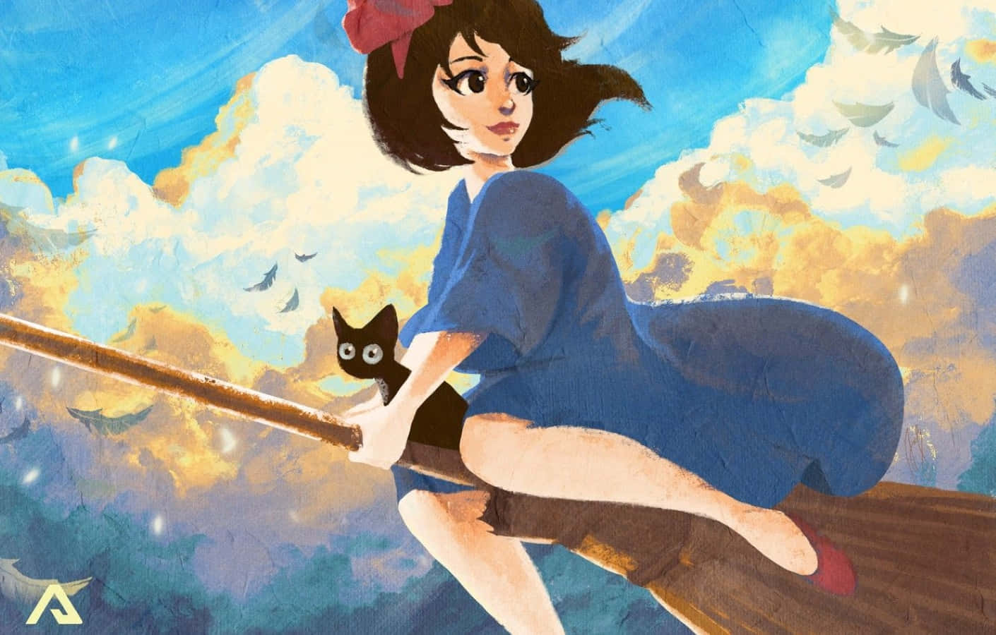 Jiji Cat 桌布 壁紙 — 一個穿著藍色連衣裙的小女孩騎著掃帚，帶著一隻黑貓，在充滿活力、有蓬鬆雲朵和小鳥的天空中飛翔。