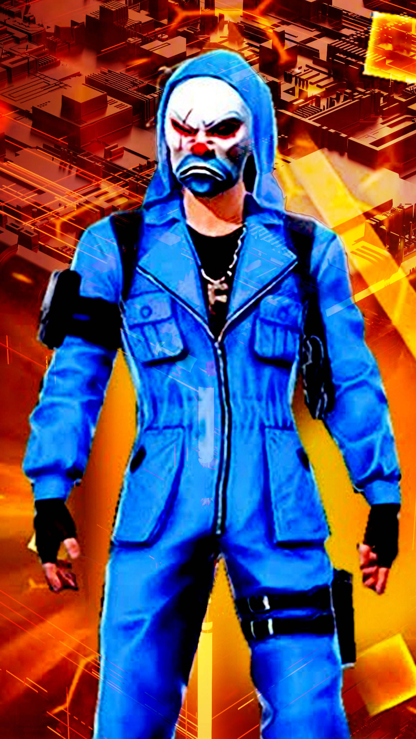 free fire bundle 桌布 壁紙 — 一個穿著藍色連身衣的威脅性小丑站在一個帶有發光橙色和黃色電路的火熱數位城市景觀前。