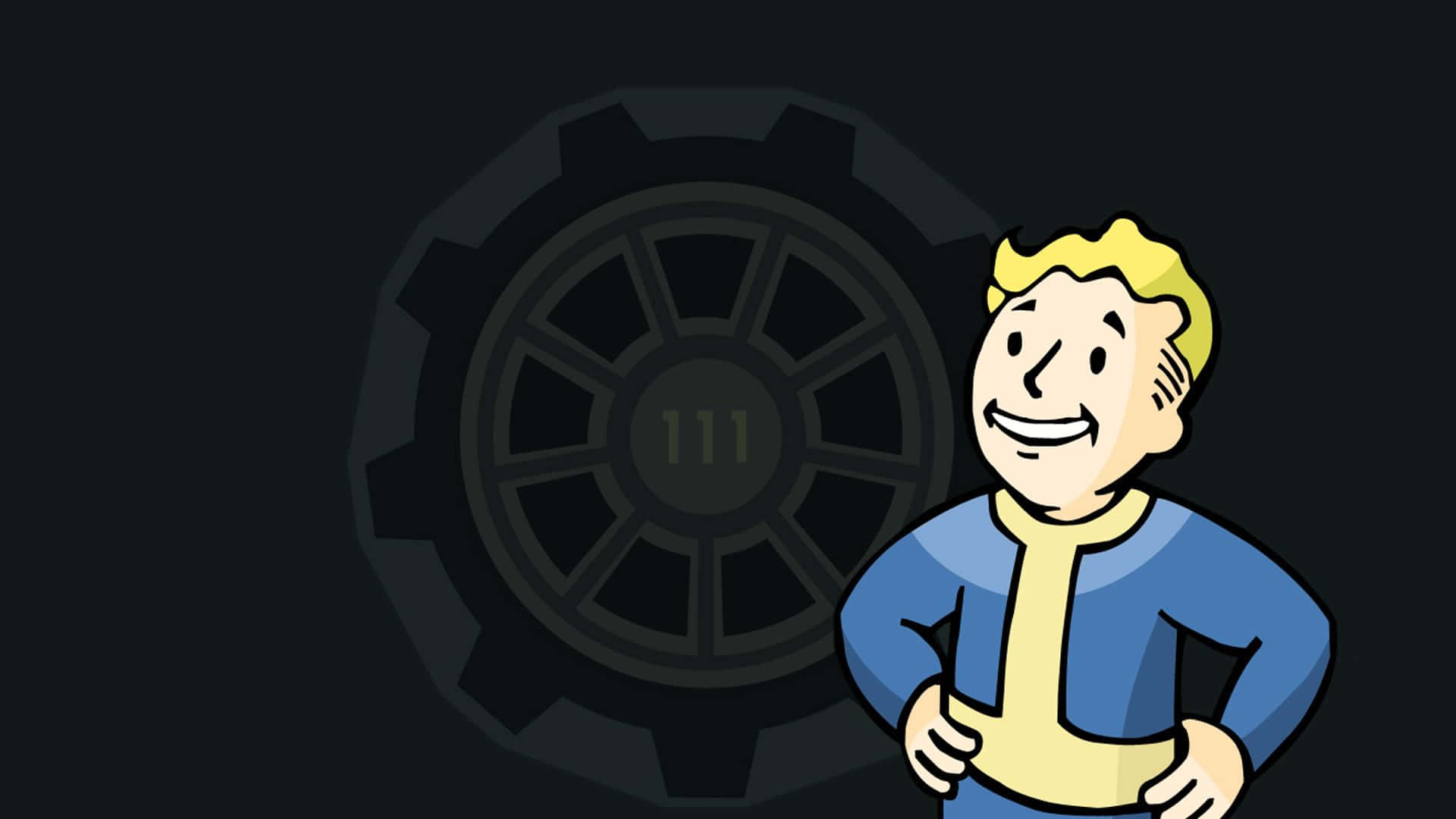 Fallout 4 Vault 桌布 壁紙 — 一個穿著藍色連身衣的愉快Vault Boy吉祥物自信地站在一個標有111的大型暗色齒輪前。