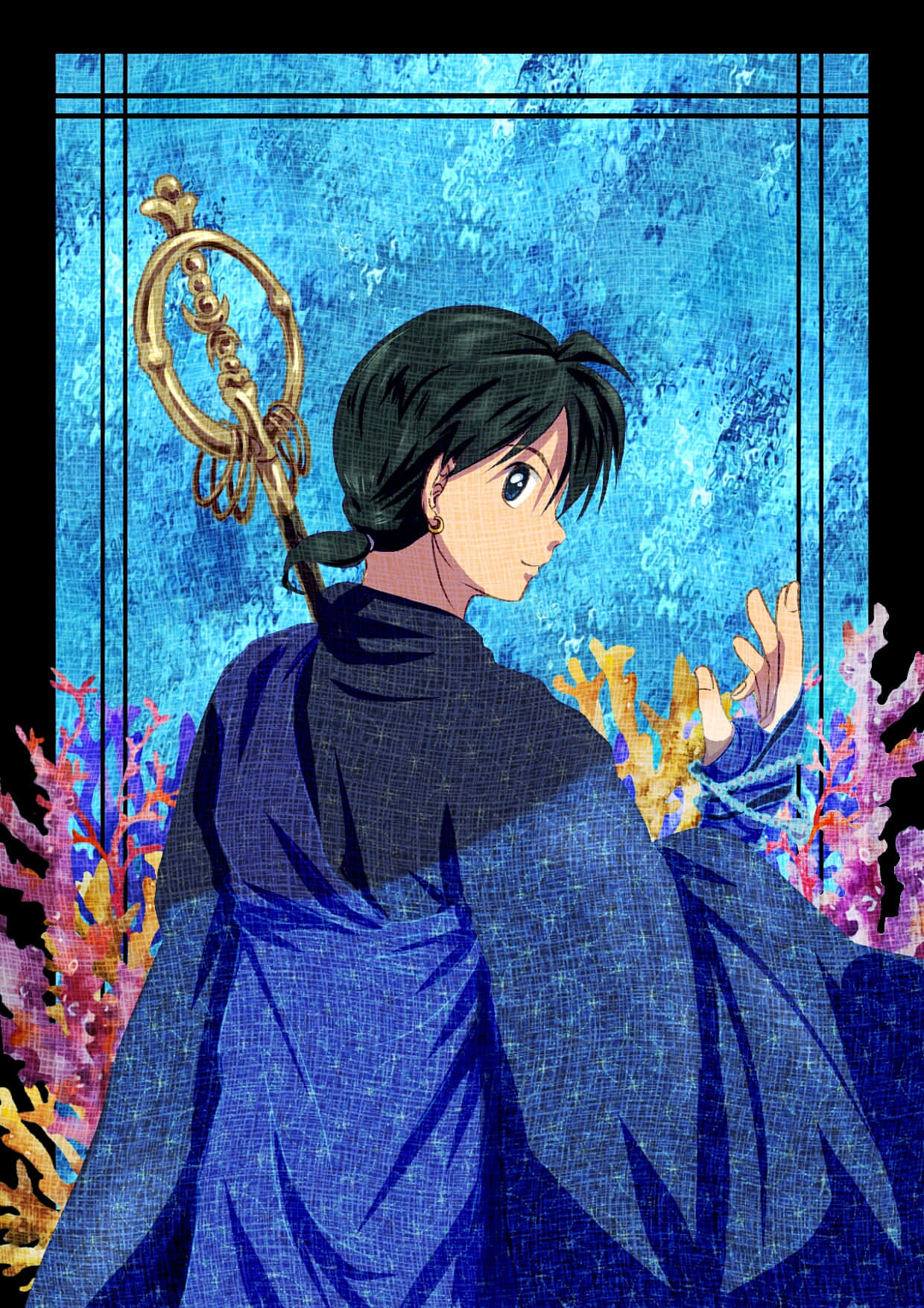 Miroku 桌布 壁紙 — 一個穿著藍色長袍的年輕動漫角色站在窗前，凝視著外面充滿活力的珊瑚礁，背景是帶有紋理的藍色背景。