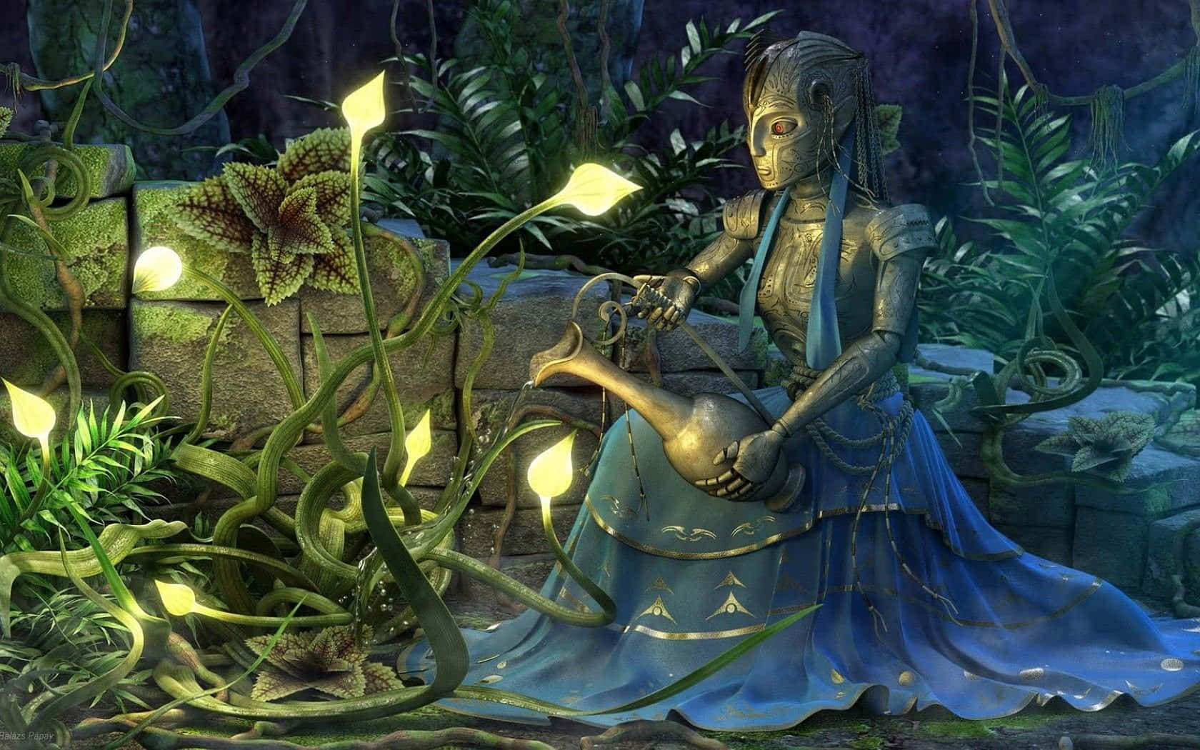 aquarius 桌布 壁紙 — 一個穿著藍色長袍的金屬人形在夜晚的神秘雜草花園中澆灌發光的黃色花朵。