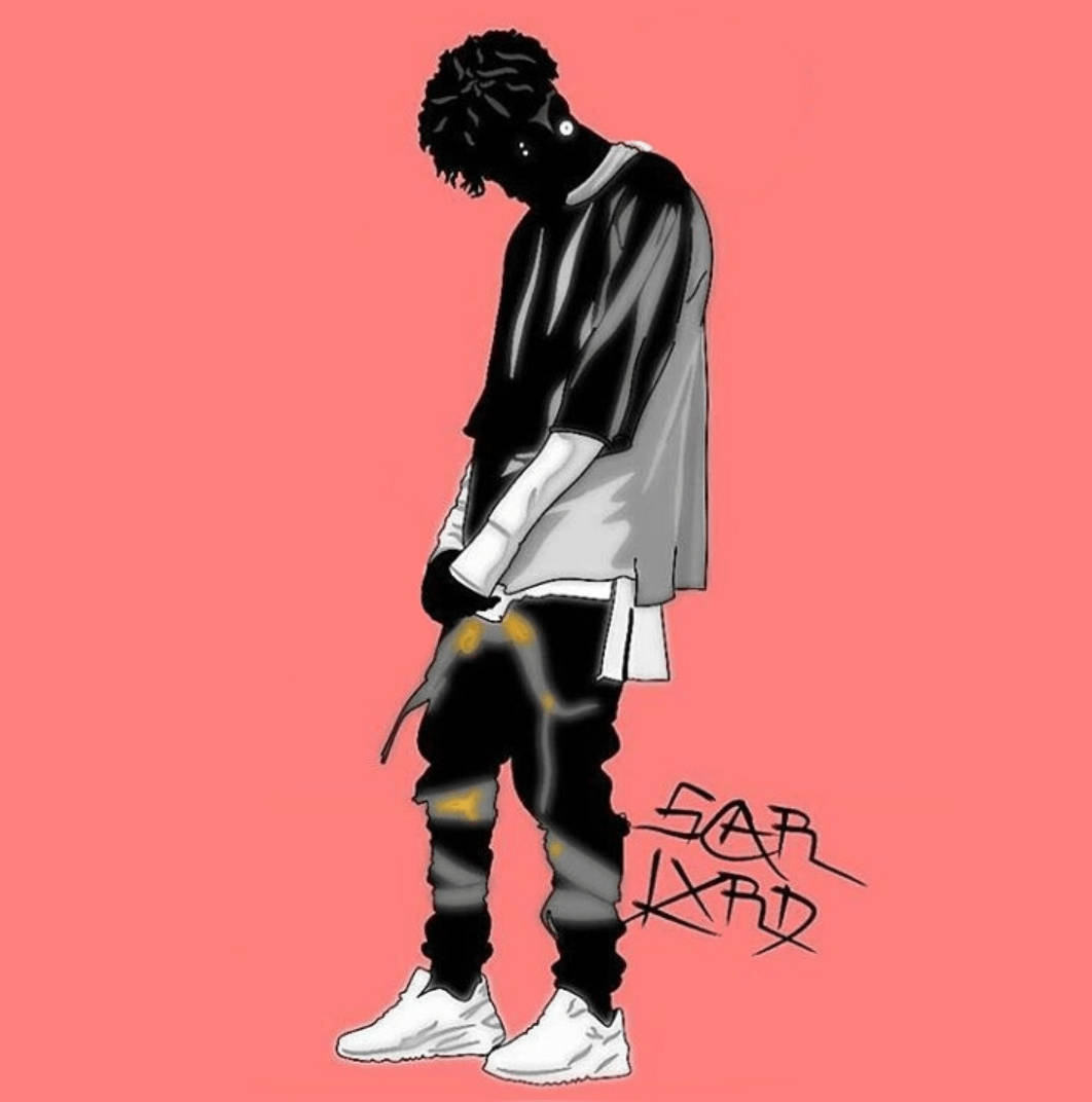 Boy 桌布 壁紙 — 一個穿著街頭服飾的風格化黑色剪影，站在帶有塗鴉簽名的純珊瑚色背景前。