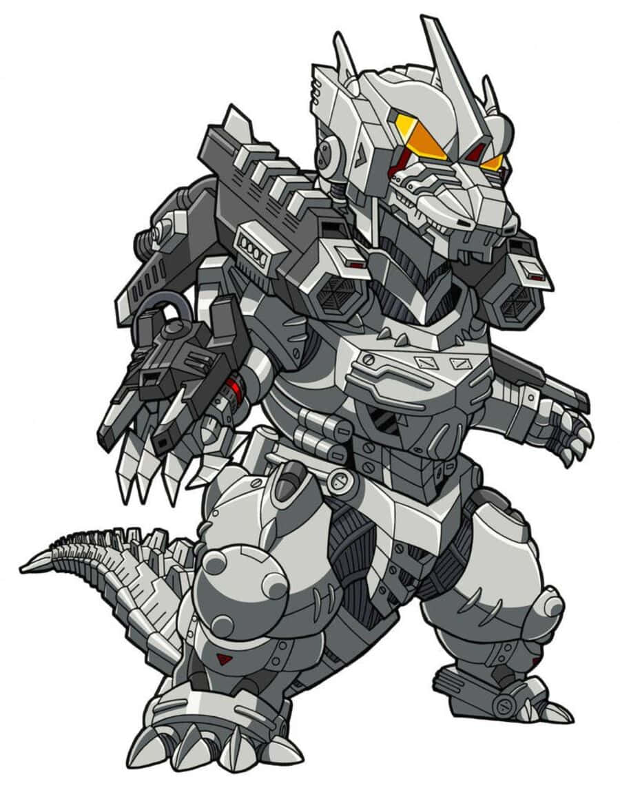 Robot Godzilla 桌布 壁紙 — 一個穿著裝甲的Q版機械哥斯拉，擁有發光的橙色眼睛和機械爪，以戰鬥姿勢站立。