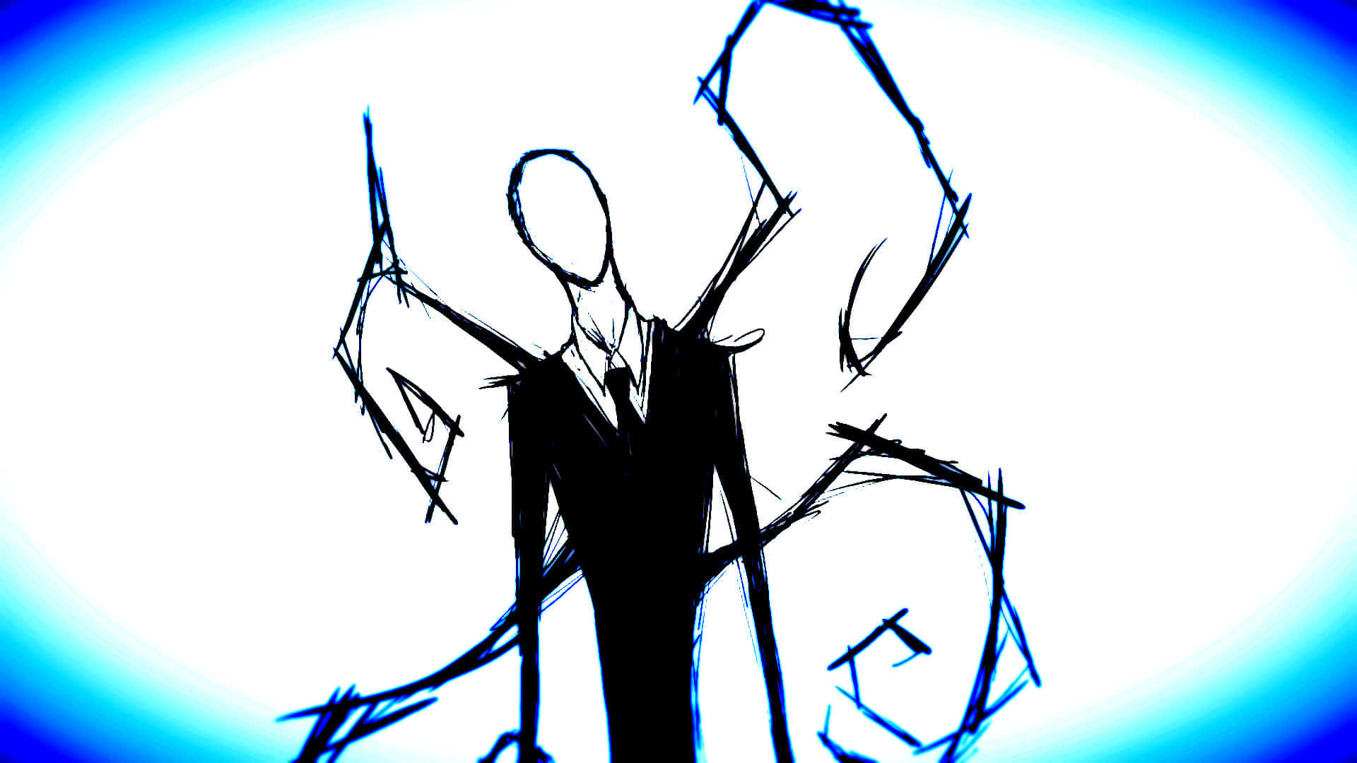 Slenderman Creepypasta 壁紙 — 一個穿著西裝、四肢參差不齊的高瘦身影，站在明亮的藍色發光背景前。