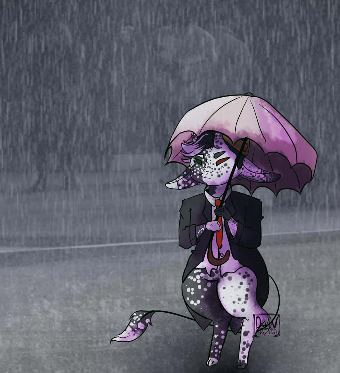 ranboo 桌布 壁紙 — 一個穿著西裝、帶紫色斑點的擬人化生物，在灰色下雨背景中拿著一把粉紅色雨傘。