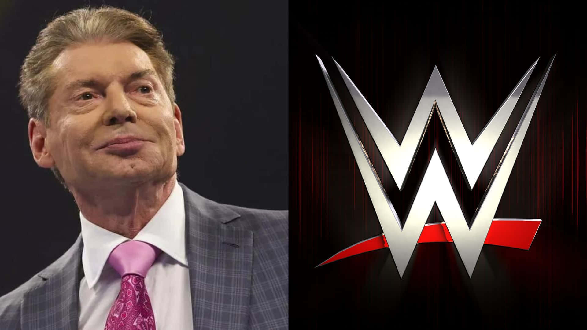 WWE Logo 桌布 壁紙 — 一個穿著西裝、打著粉紅色領帶的男人，旁邊是WWE標誌，背景為深紅色，圖像一分為二。