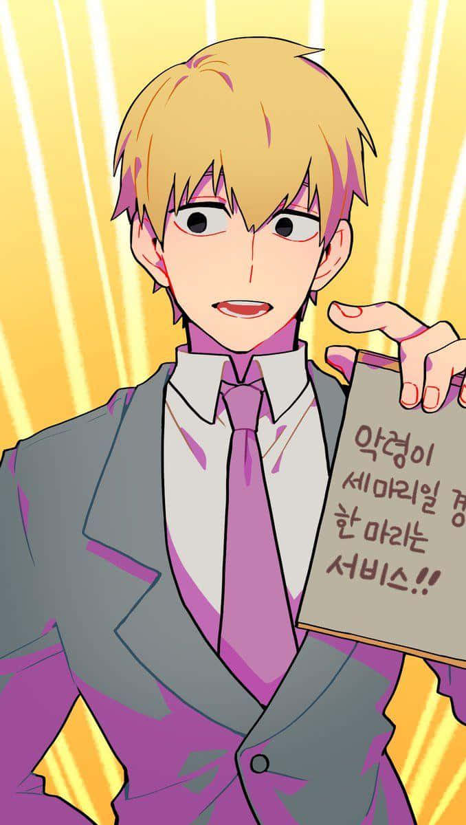 Arataka Reigen 桌布 壁紙 — 一個穿著西裝、金髮的驚訝動畫男孩，在明亮的黃色背景前舉著一個帶有韓文文字的牌子。