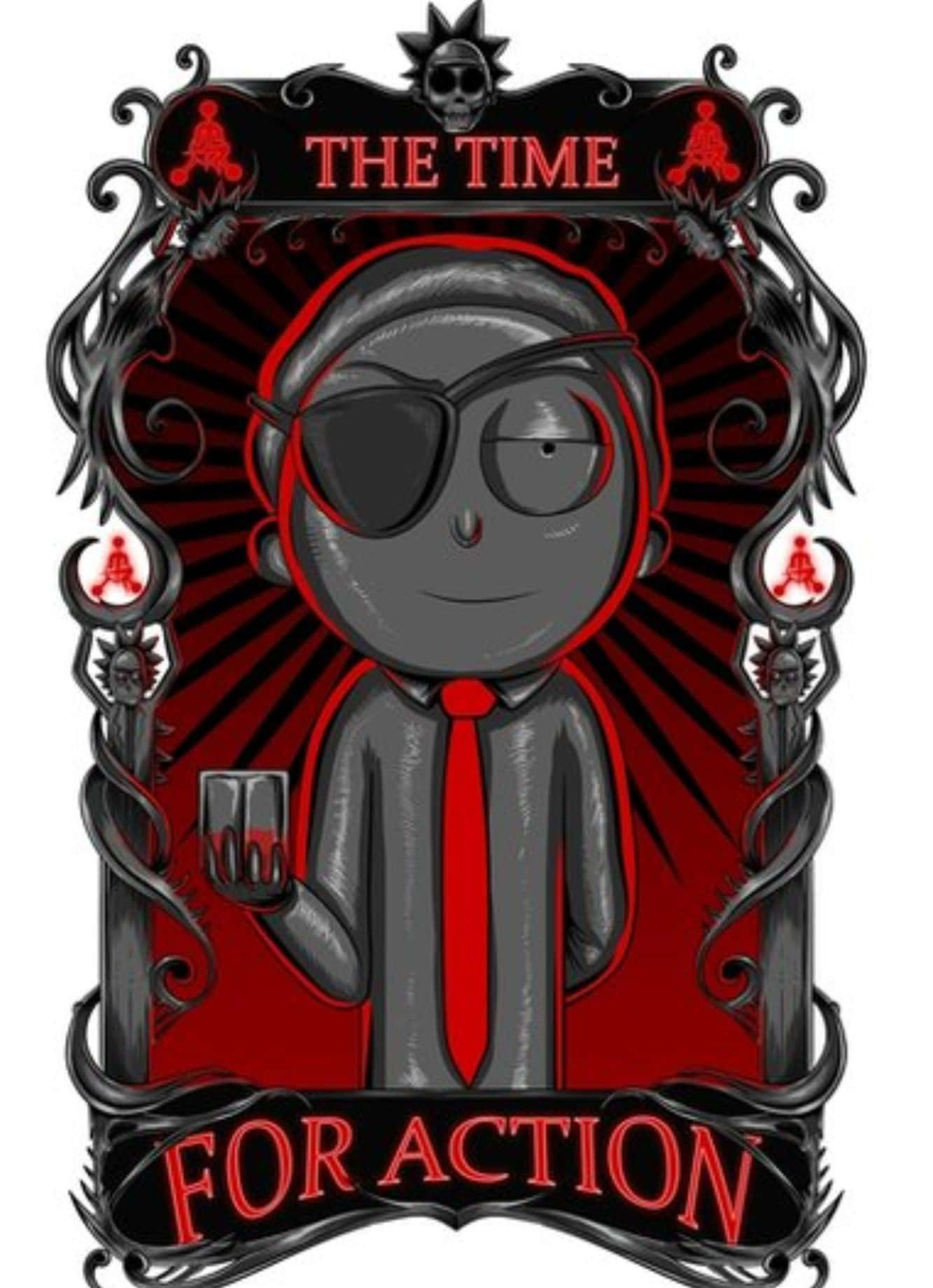 Evil Morty 桌布 壁紙 — 一個穿著西裝和太陽眼鏡的風格化卡通人物，手持一杯紅色液體，周圍是裝飾性的黑色哥德式裝飾，帶有骷髏頭和紅色文字。
