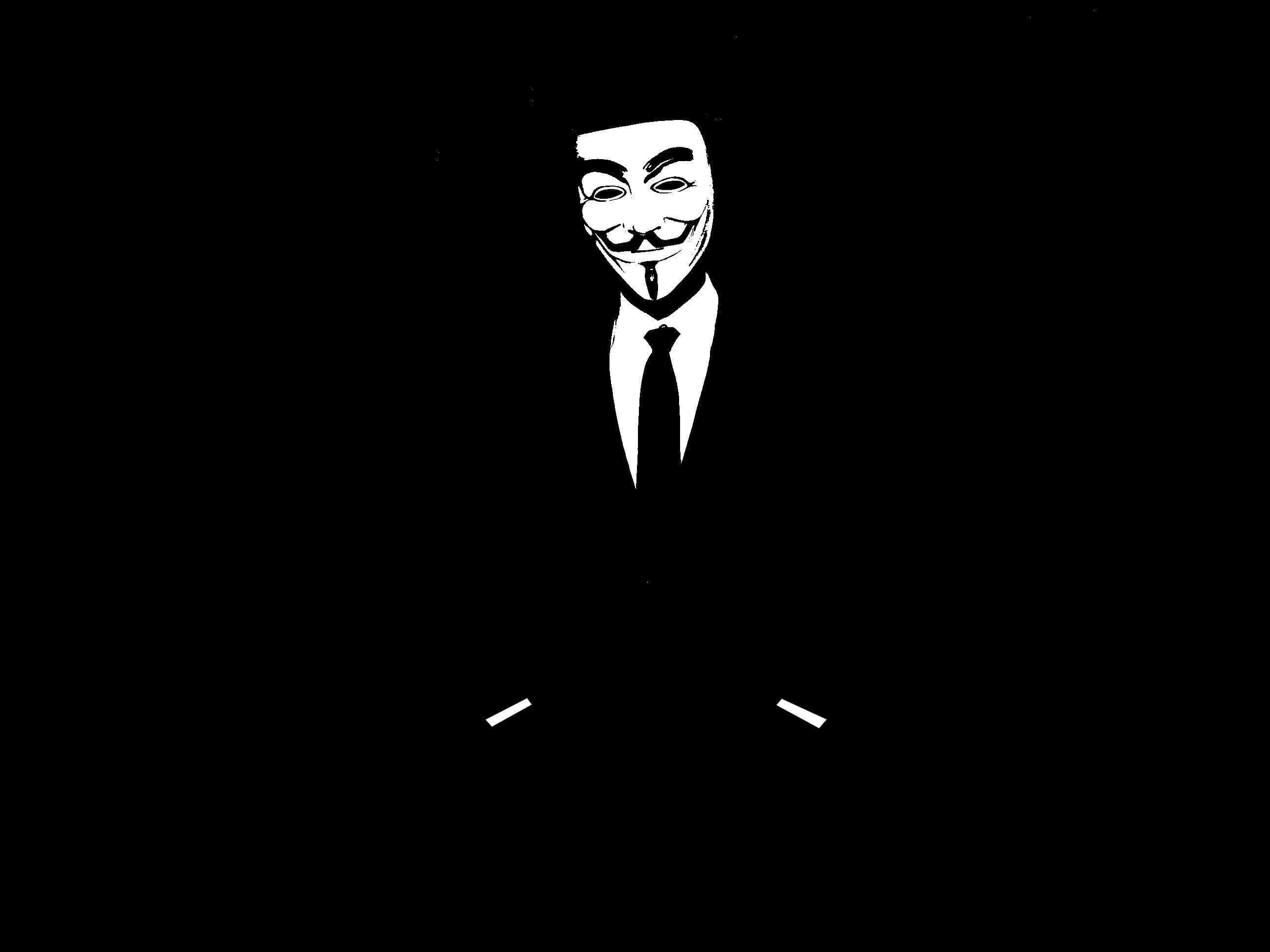 Anonymous 桌布 壁紙 — 一個穿著西裝打領帶、戴著蓋伊·福克斯面具的人，在純黑色背景上的鮮明白色剪影。