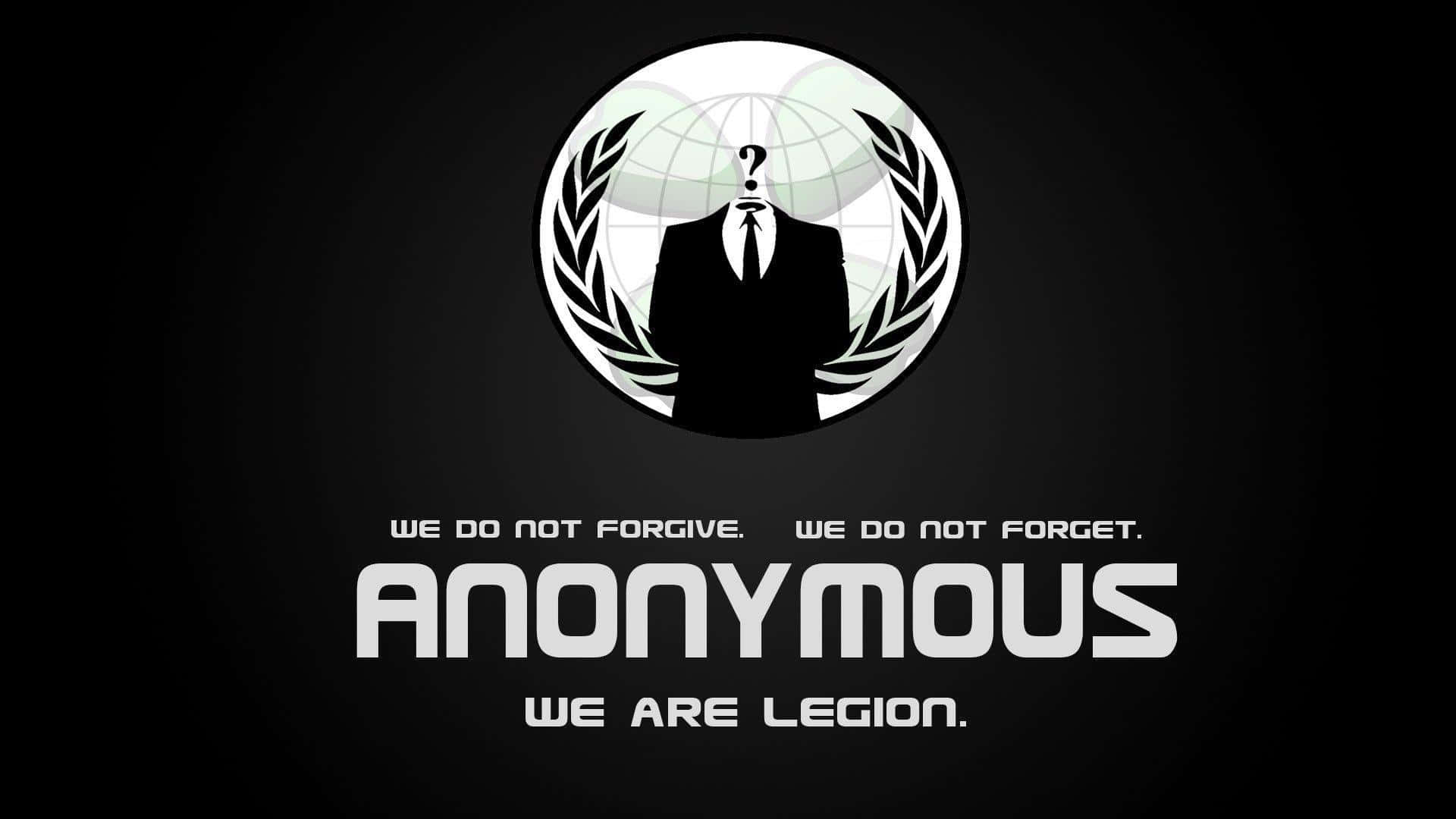 Anonymous 桌布 壁紙 — 一個穿著西裝的人物黑白標誌，頭部為問號，兩側有月桂花環，背景深色，下方有粗體文字。