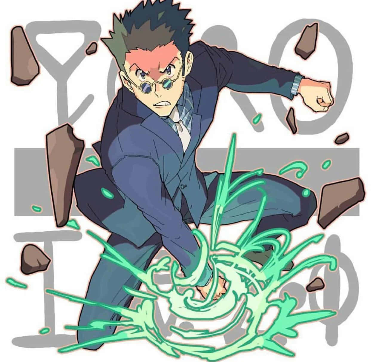 Leorio Paradinight 桌布 壁紙 — 一個穿著西裝的動漫男子向前揮拳，釋放出綠色能量，周圍的岩石碎裂。