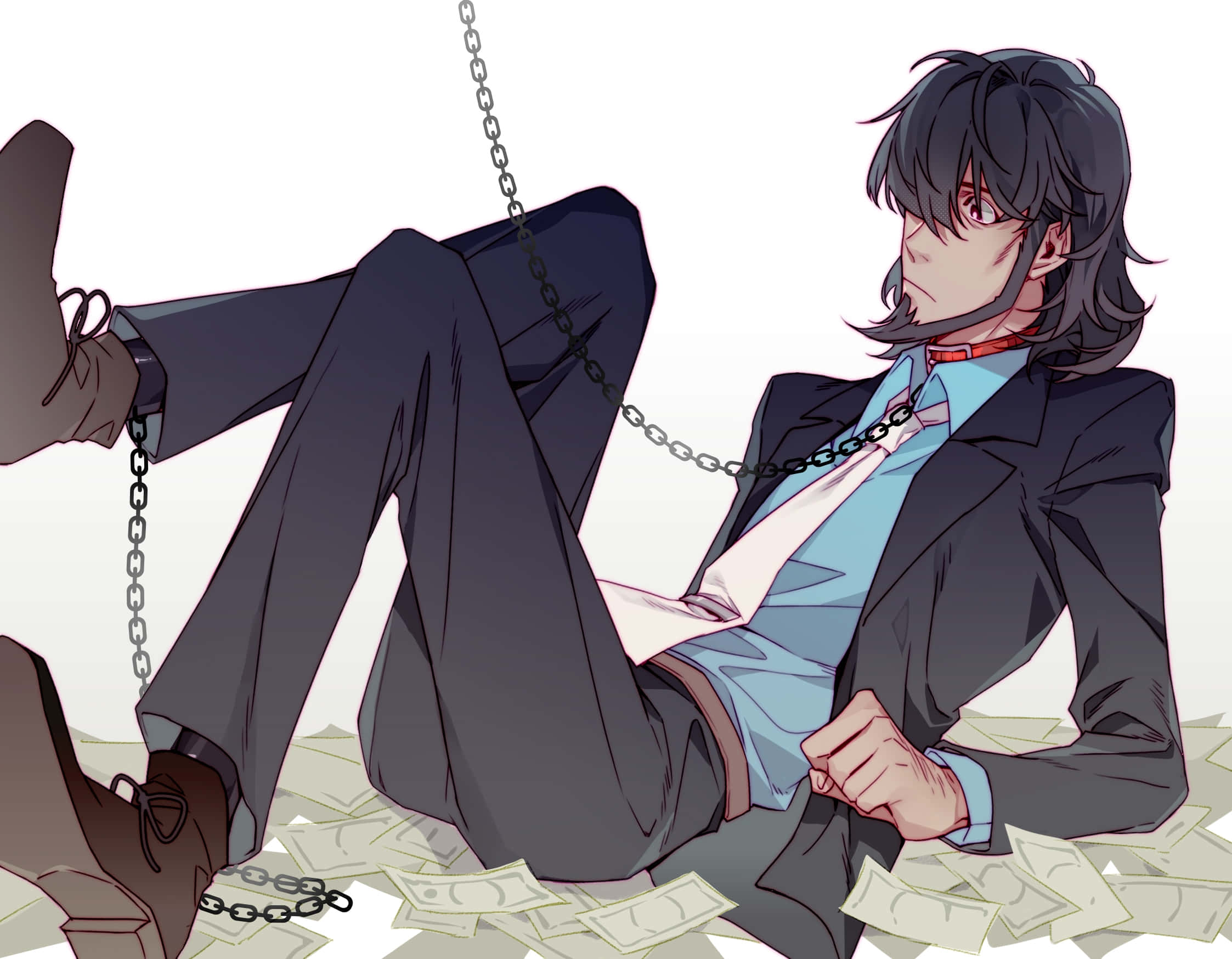 Lupin Iii Daisuke Jigen 桌布 壁紙 — 一個穿著西裝的動漫男子被鎖鏈綁在一隻巨大的靴子上，周圍都是錢，看起來疲憊不堪且被困住。