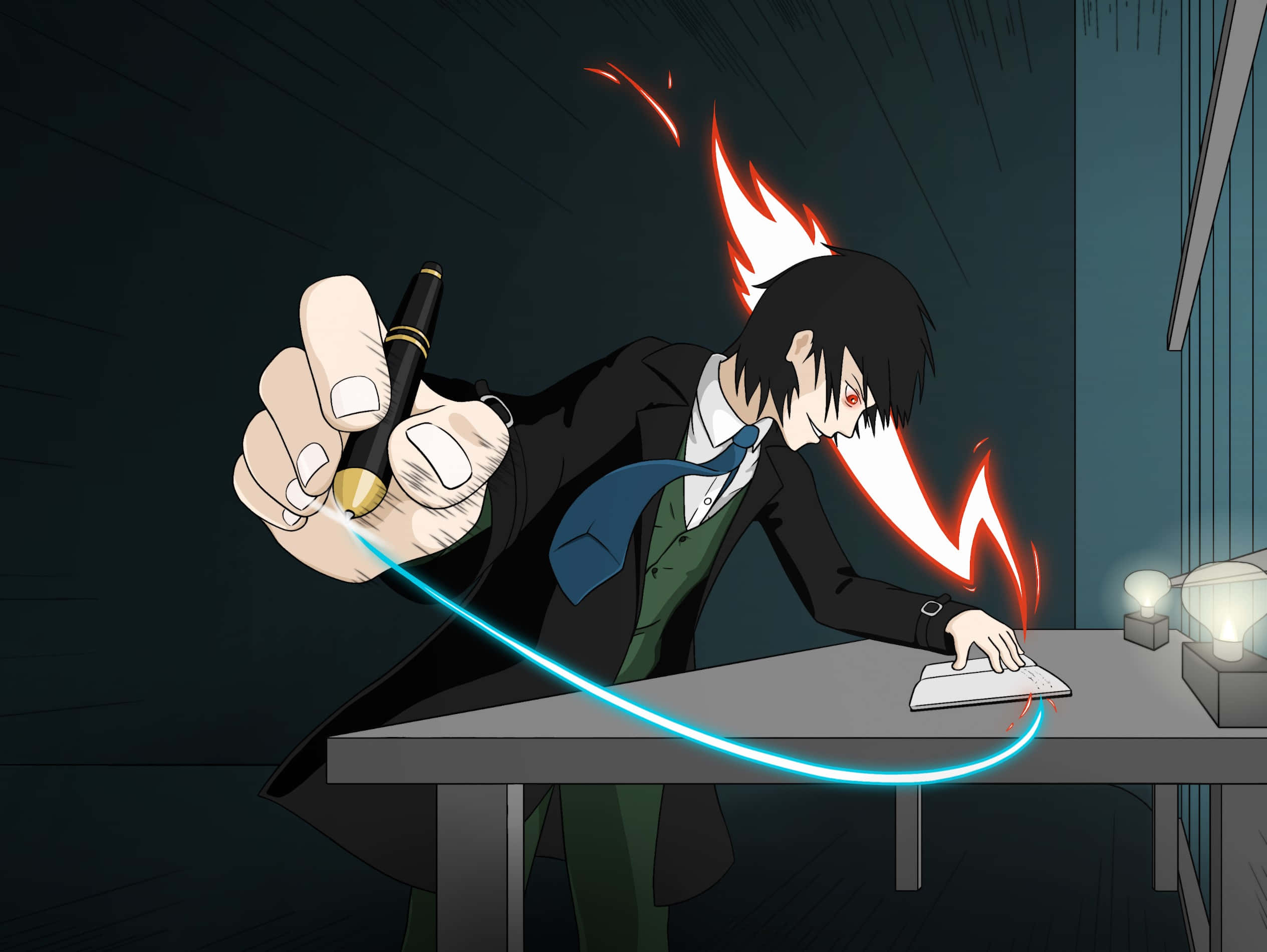Teru Mikami 桌布 壁紙 — 一個穿著西裝的動漫角色俯身在桌子上，揮舞著發光的筆和鍵盤，周圍有熾熱的能量噼啪作響。