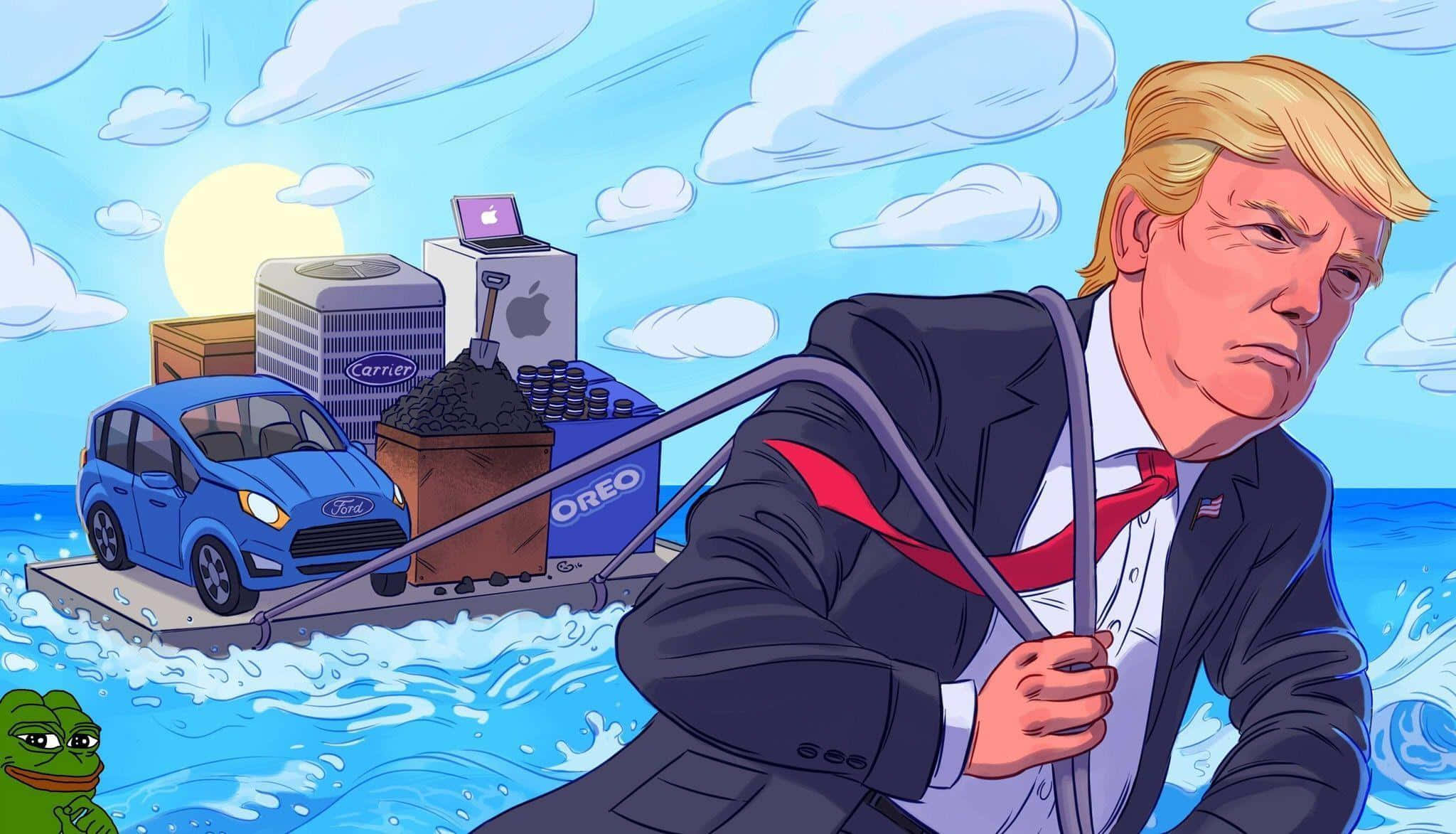 trump 桌布 壁紙 — 一個穿著西裝的卡通男人拖著一艘裝載著福特汽車、Apple 手提電腦、Oreo 盒子和 Carrier 裝置的木筏，在陽光明媚的天空下穿過海浪。