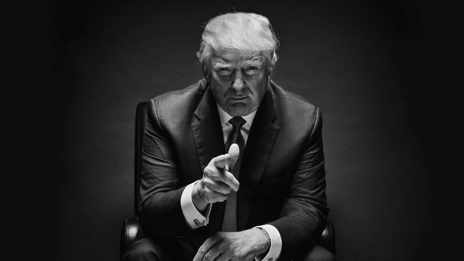 trump 桌布 壁紙 — 一個穿著西裝的嚴肅男人，在黑色背景前，以戲劇性的黑白肖像直接指向觀眾。