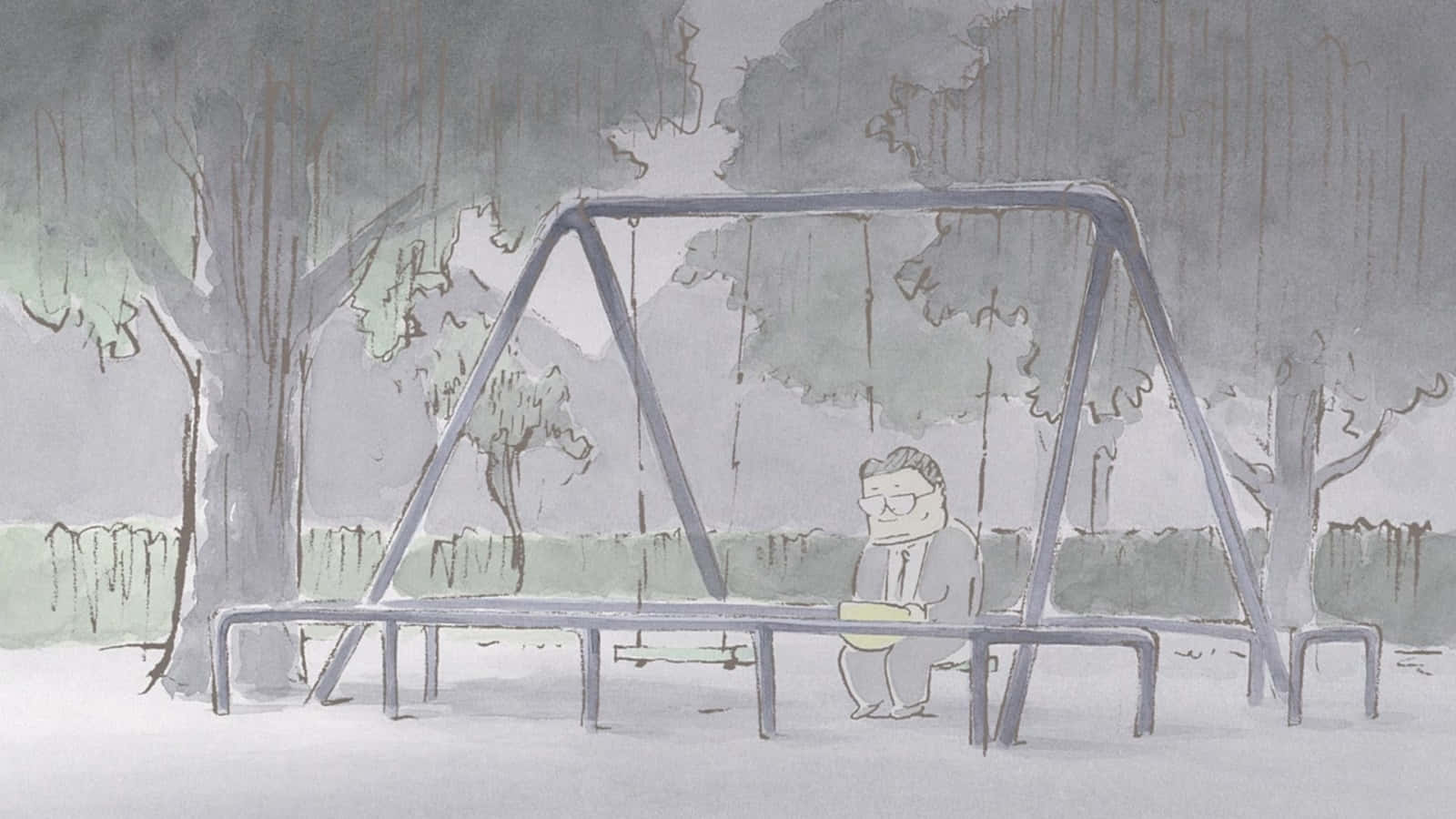 My Neighbors The Yamadas 桌布 壁紙 — 一個穿著西裝的孤獨男人坐在雨中的公園鞦韆上，周圍是暗淡的灰色樹木和憂鬱的氣氛。